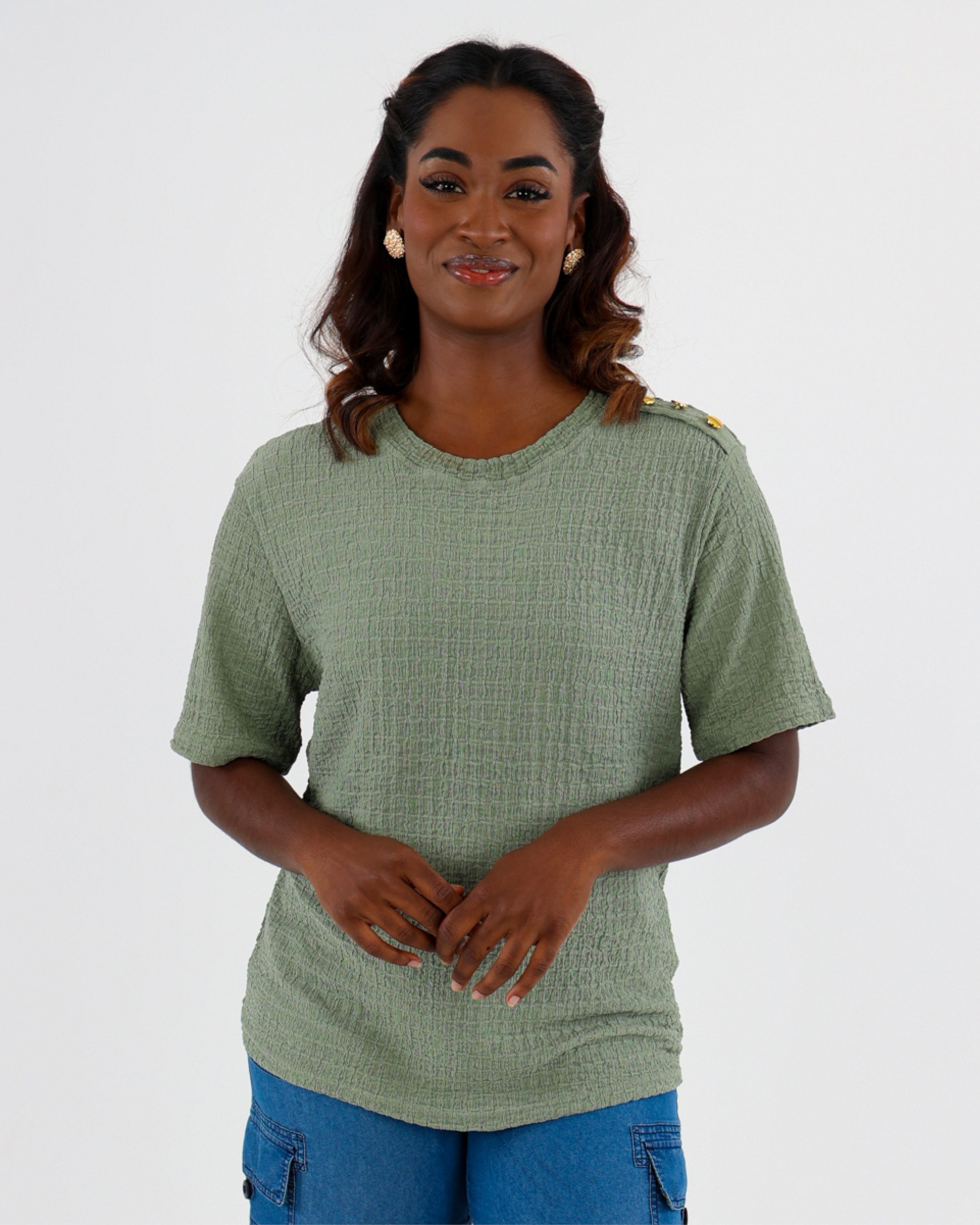 Sage Shoulder Button Bubble Top