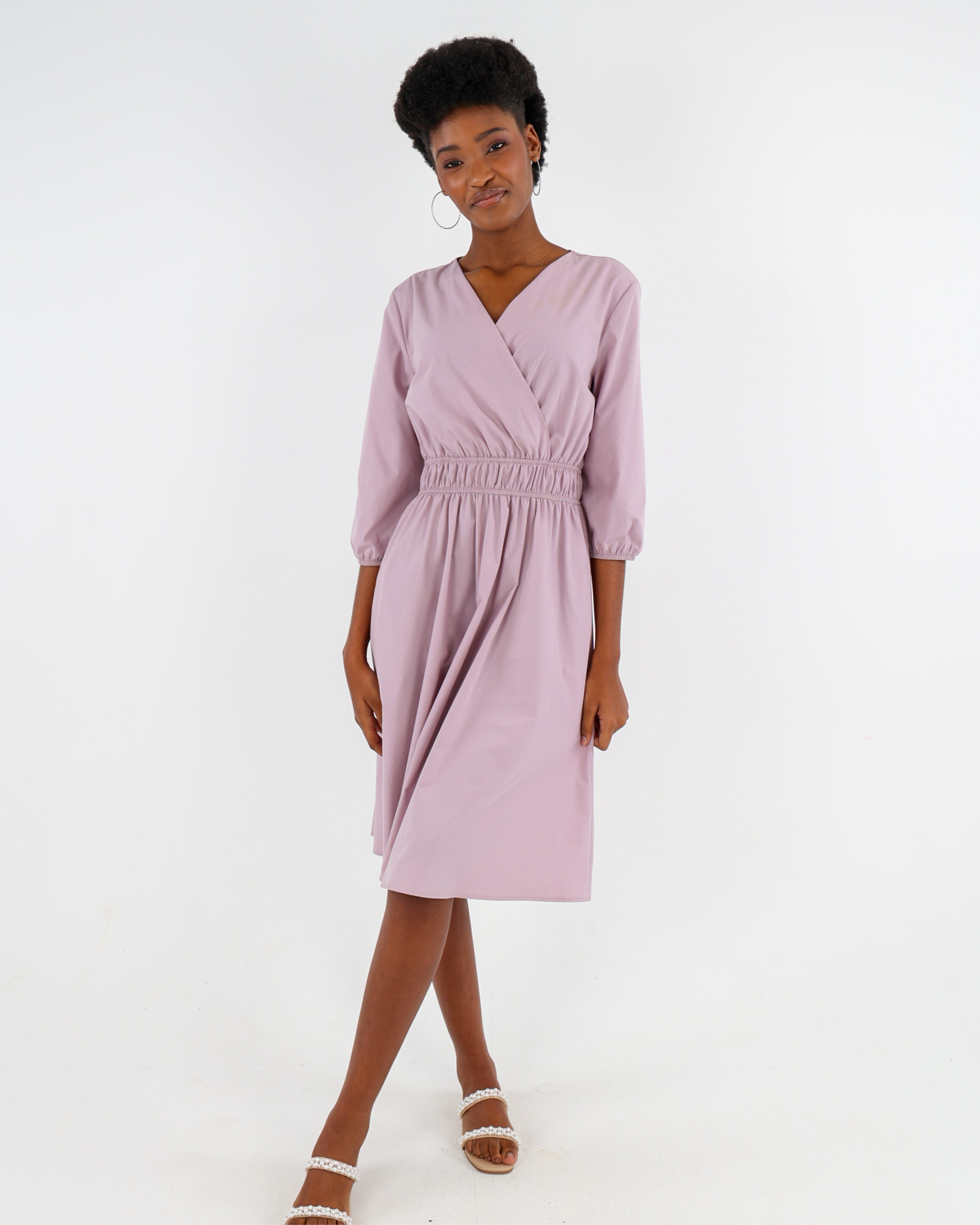 3/4 Sleeve Bodice Wrap Knee Length Dress