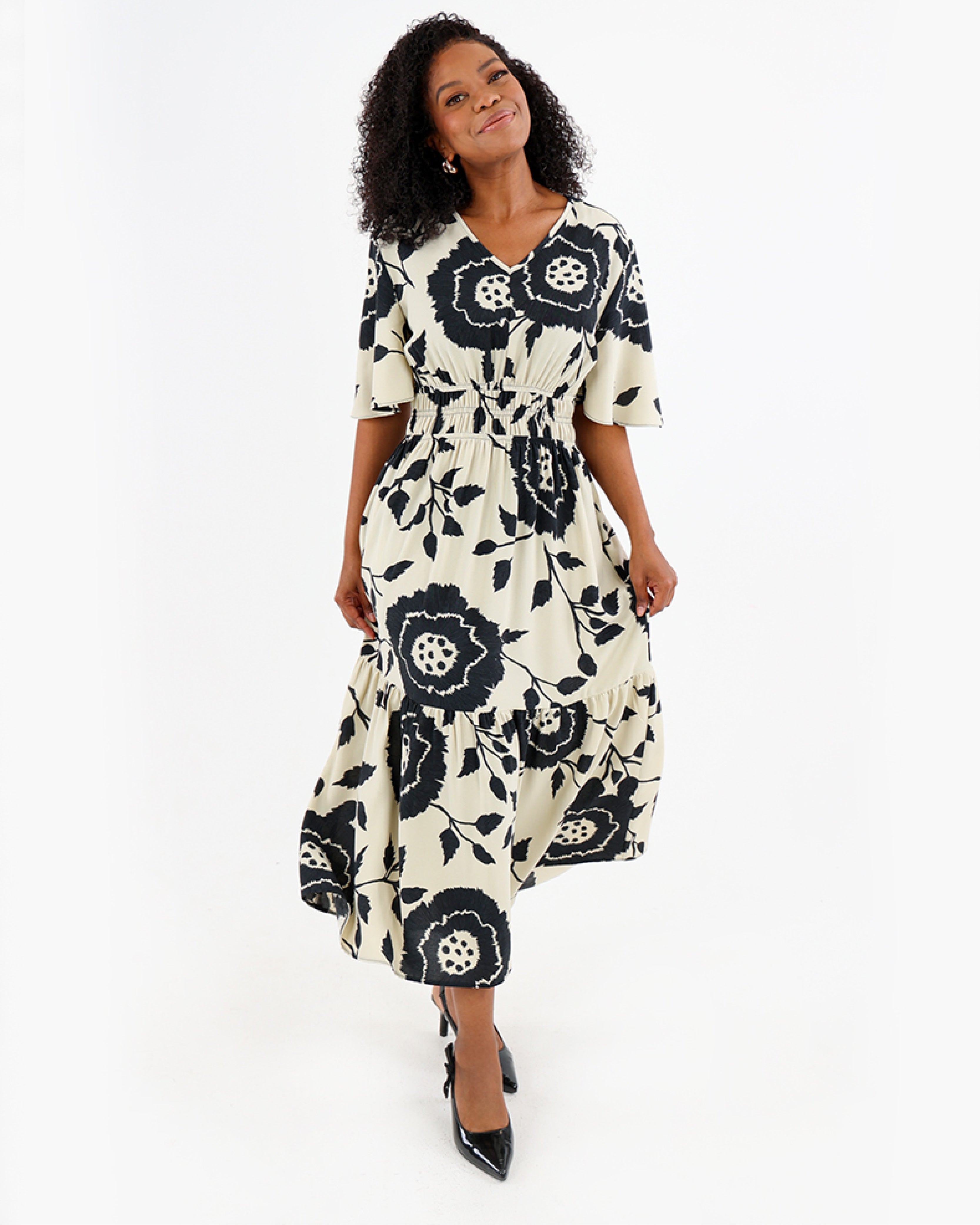 Short Sleeve Floral Print Tiered Midi Dress