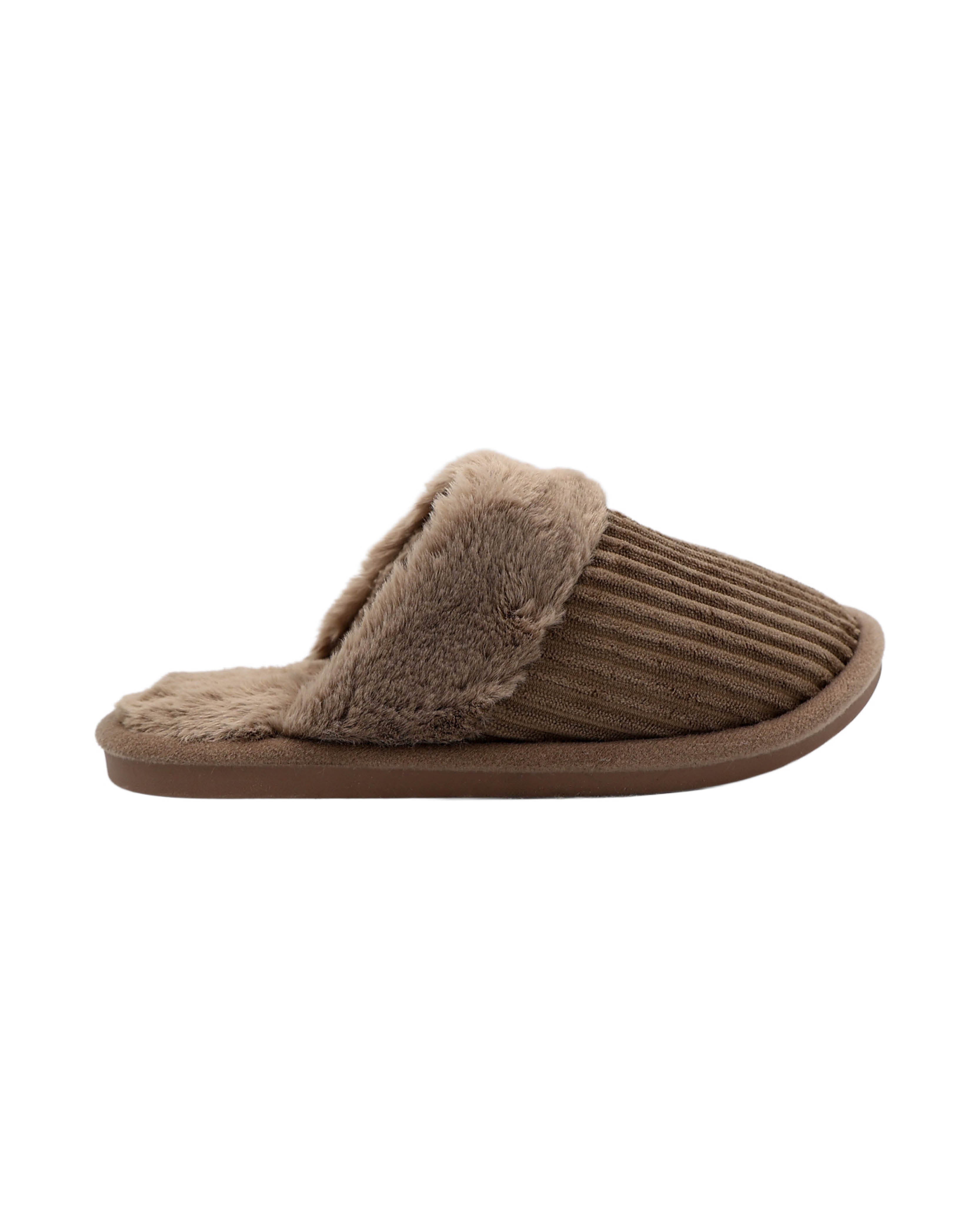 Mocha Fur Collar Ribbed Slipper