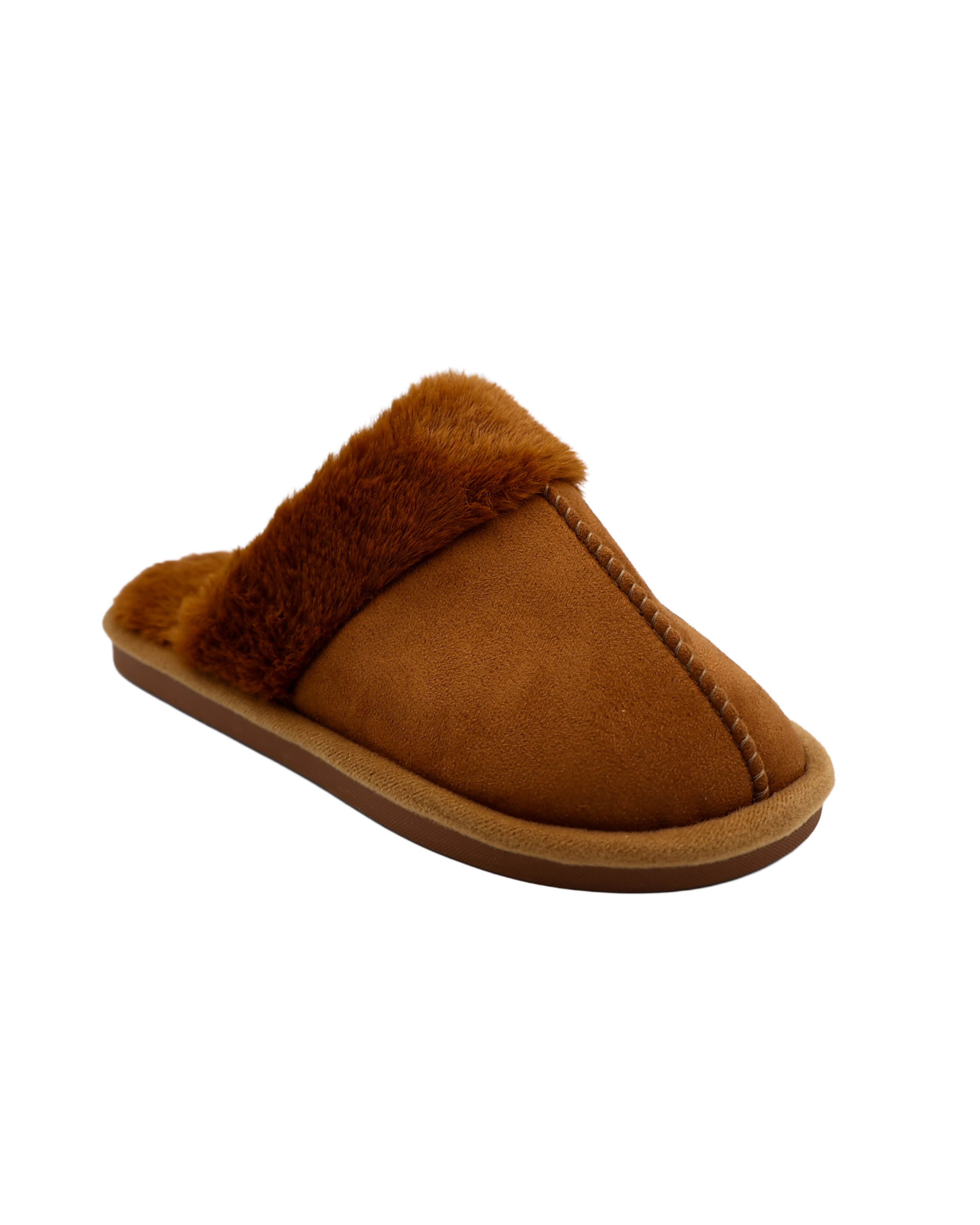 Tan Fur Collar Suede Look Slip-On Slippers