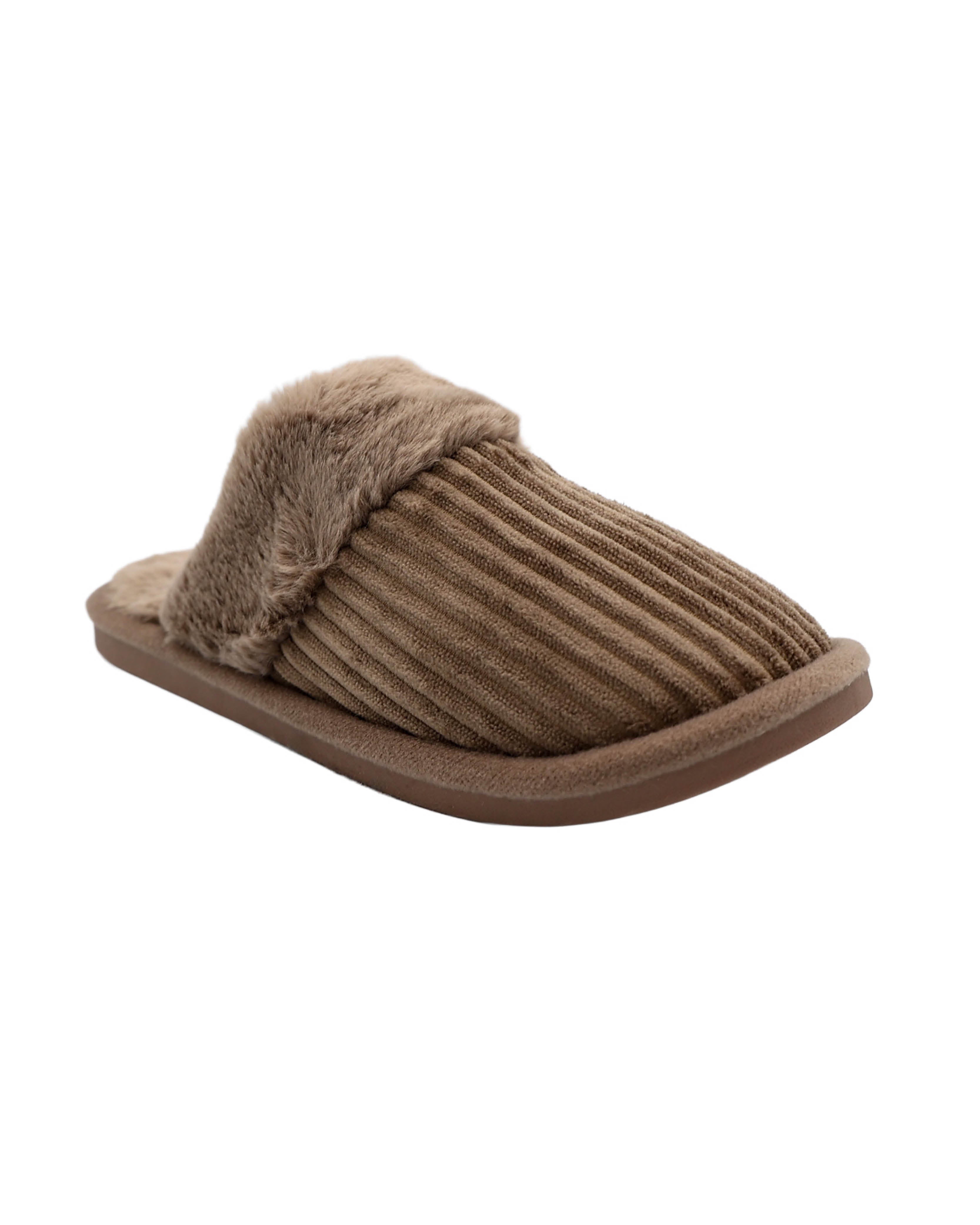 Mocha Fur Collar Ribbed Slipper
