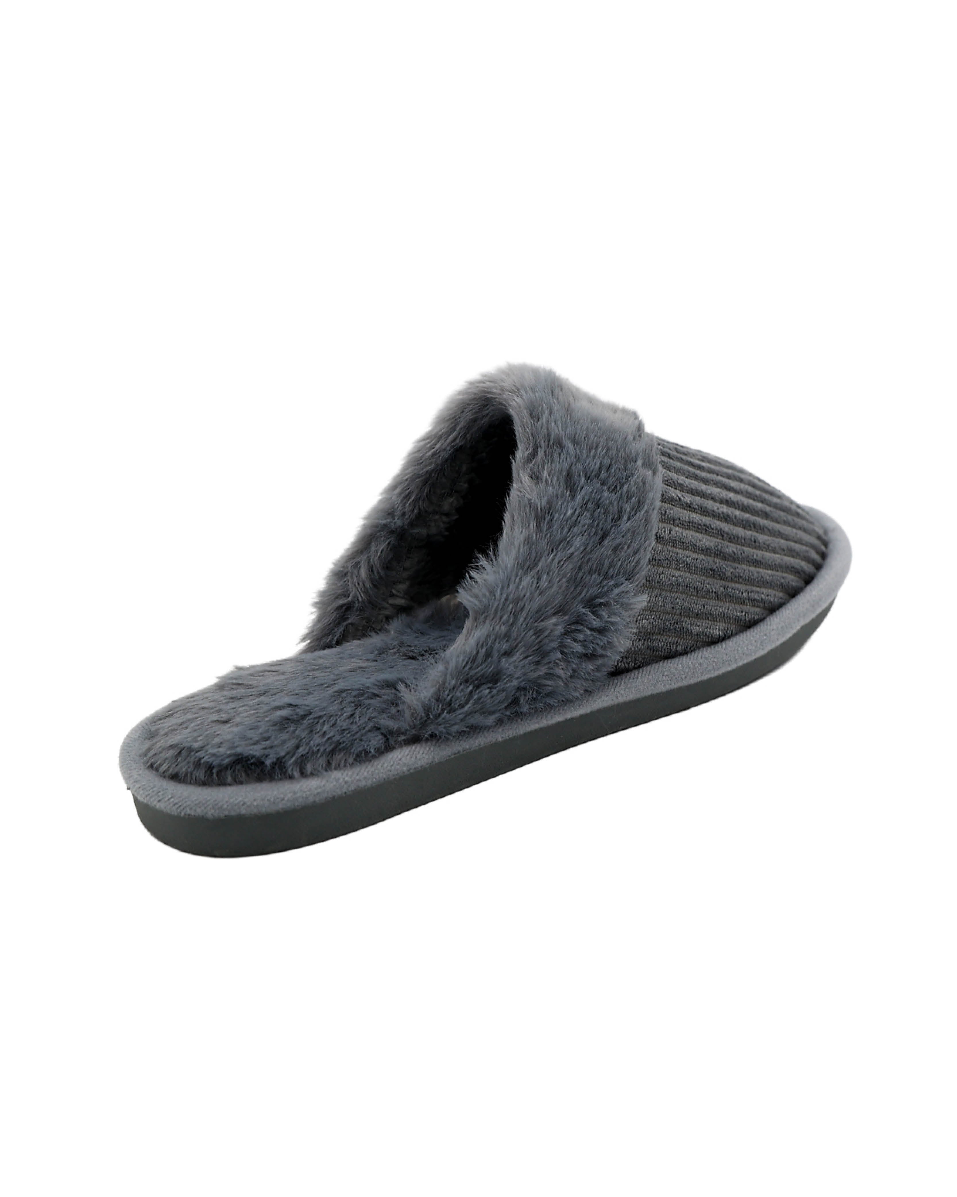 Blue Fur Collar Ribbed Slipper