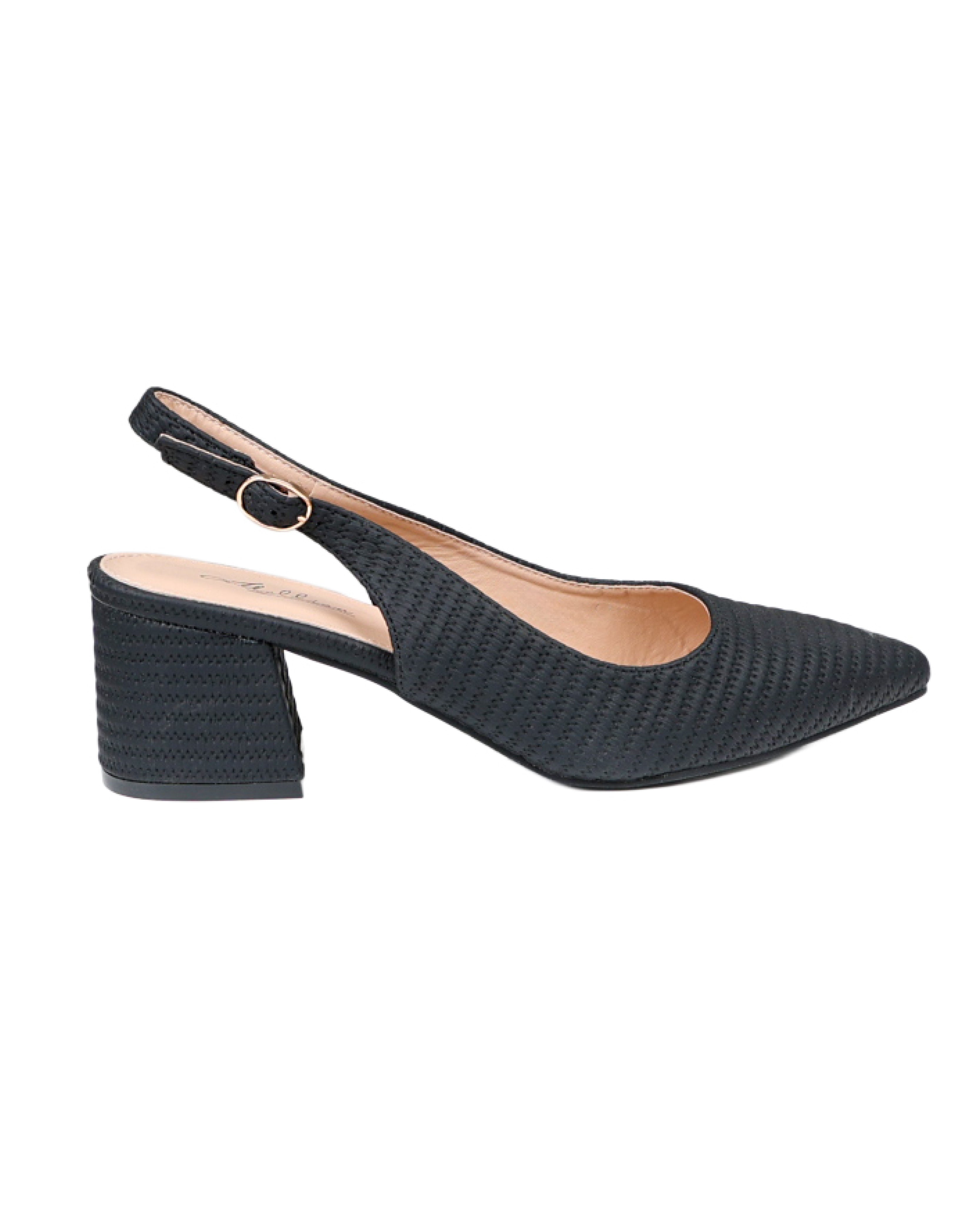 Black Woven Surface Interest Slingback Block Heels