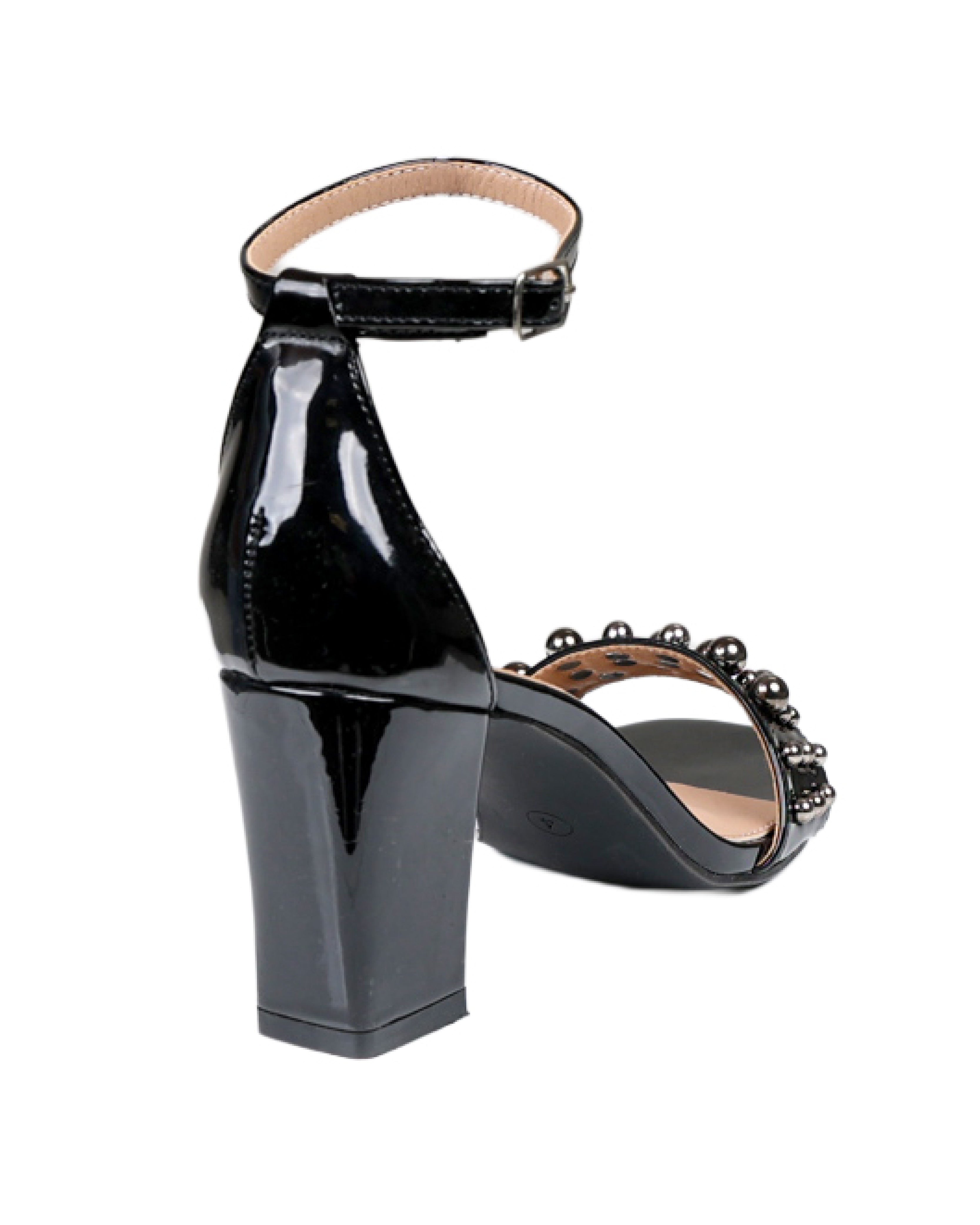 Black Pearl Detail Ankle Strap Block Heel