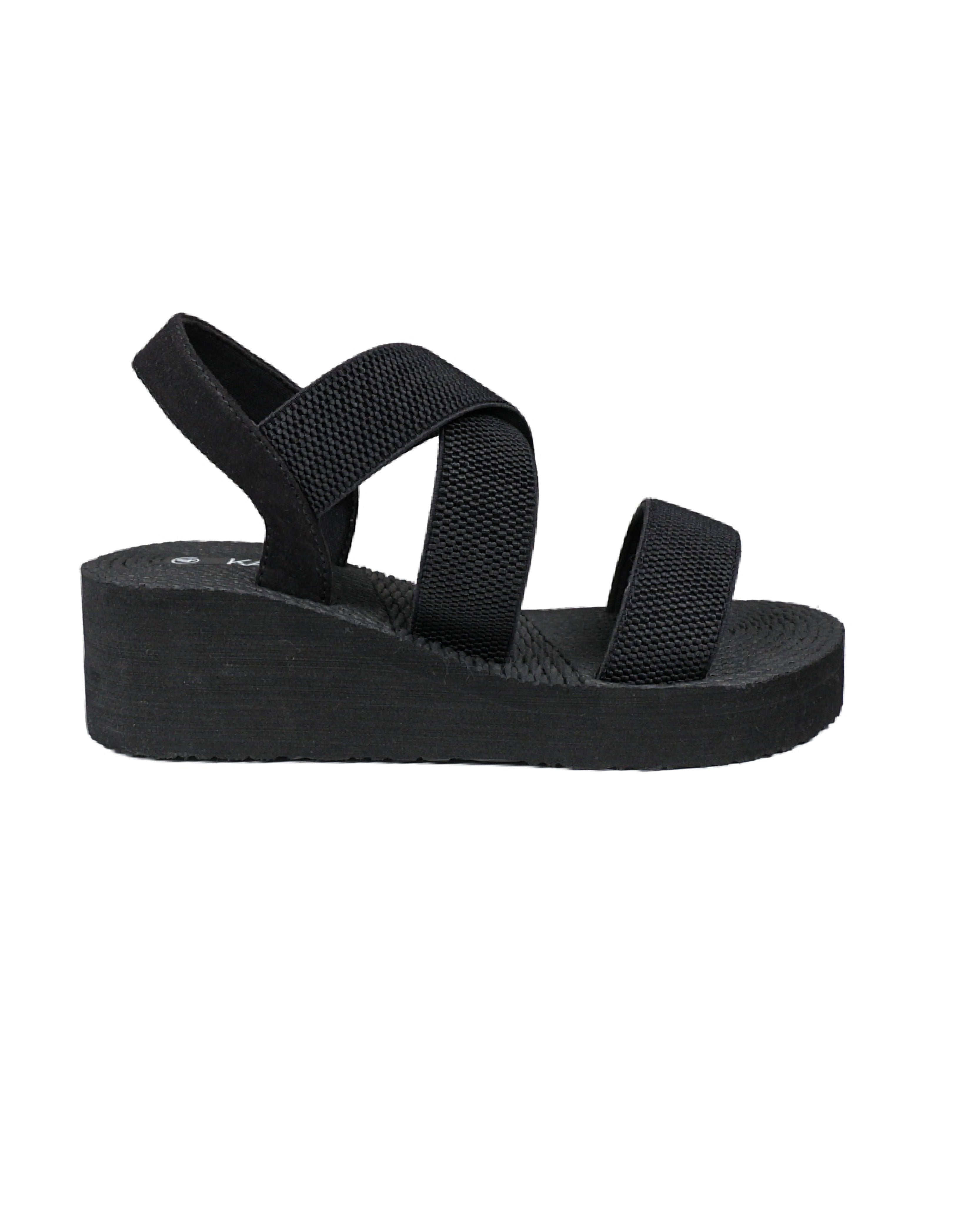 Black Elastic Crossover Wedge Sandals