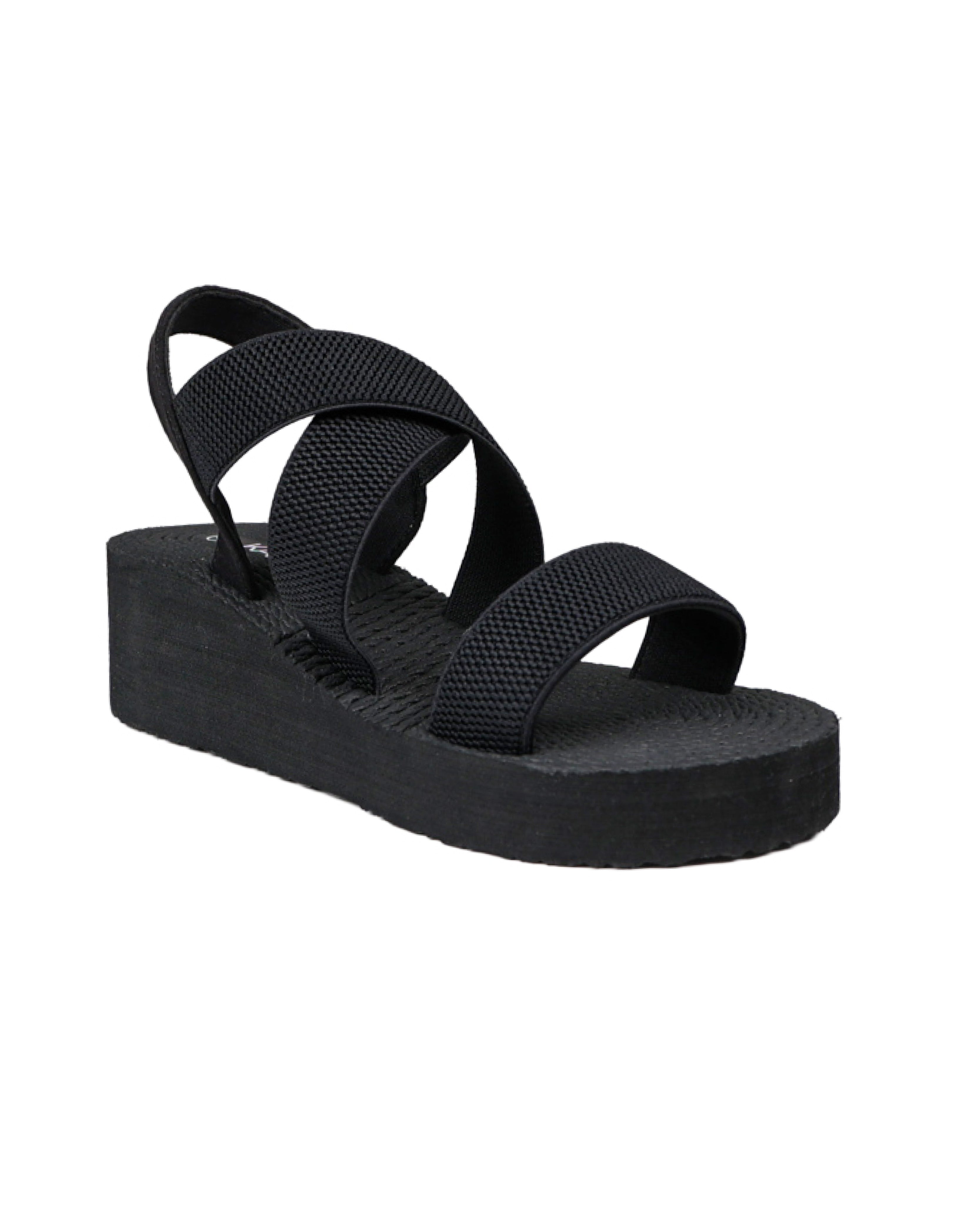 Black Elastic Crossover Wedge Sandals