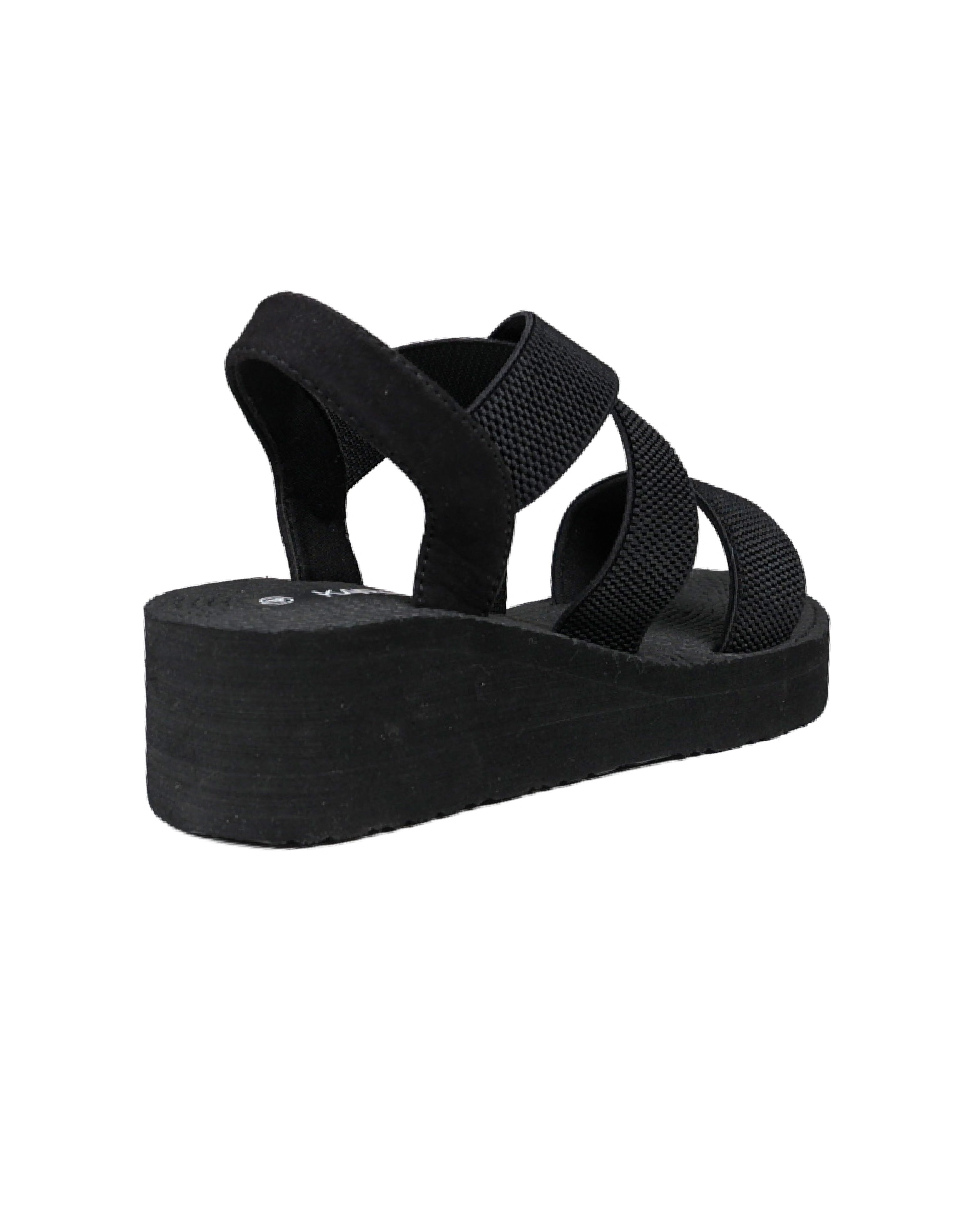 Black Elastic Crossover Wedge Sandals