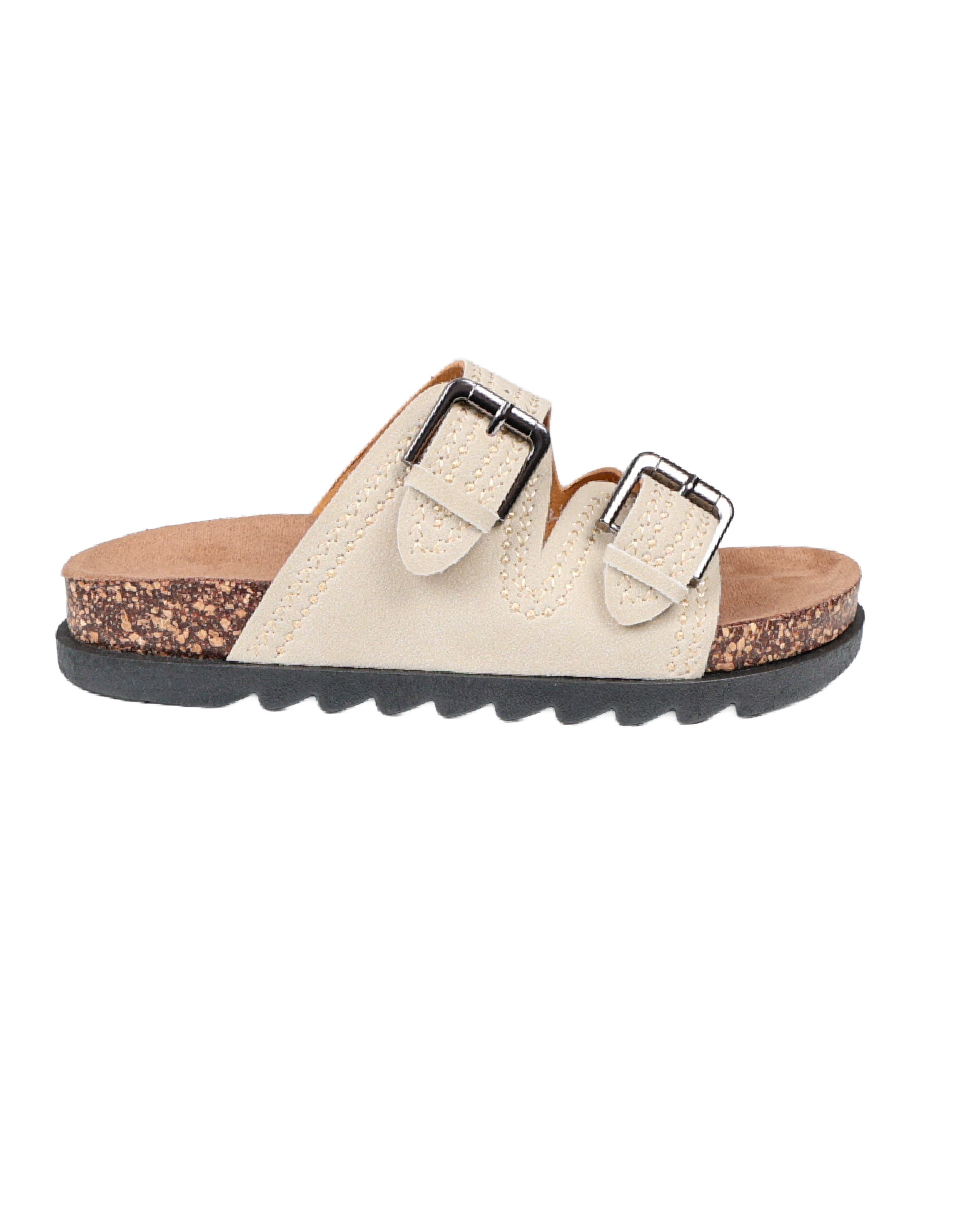 Stone Double Buckle Stitch Detail Slip-on Sandal