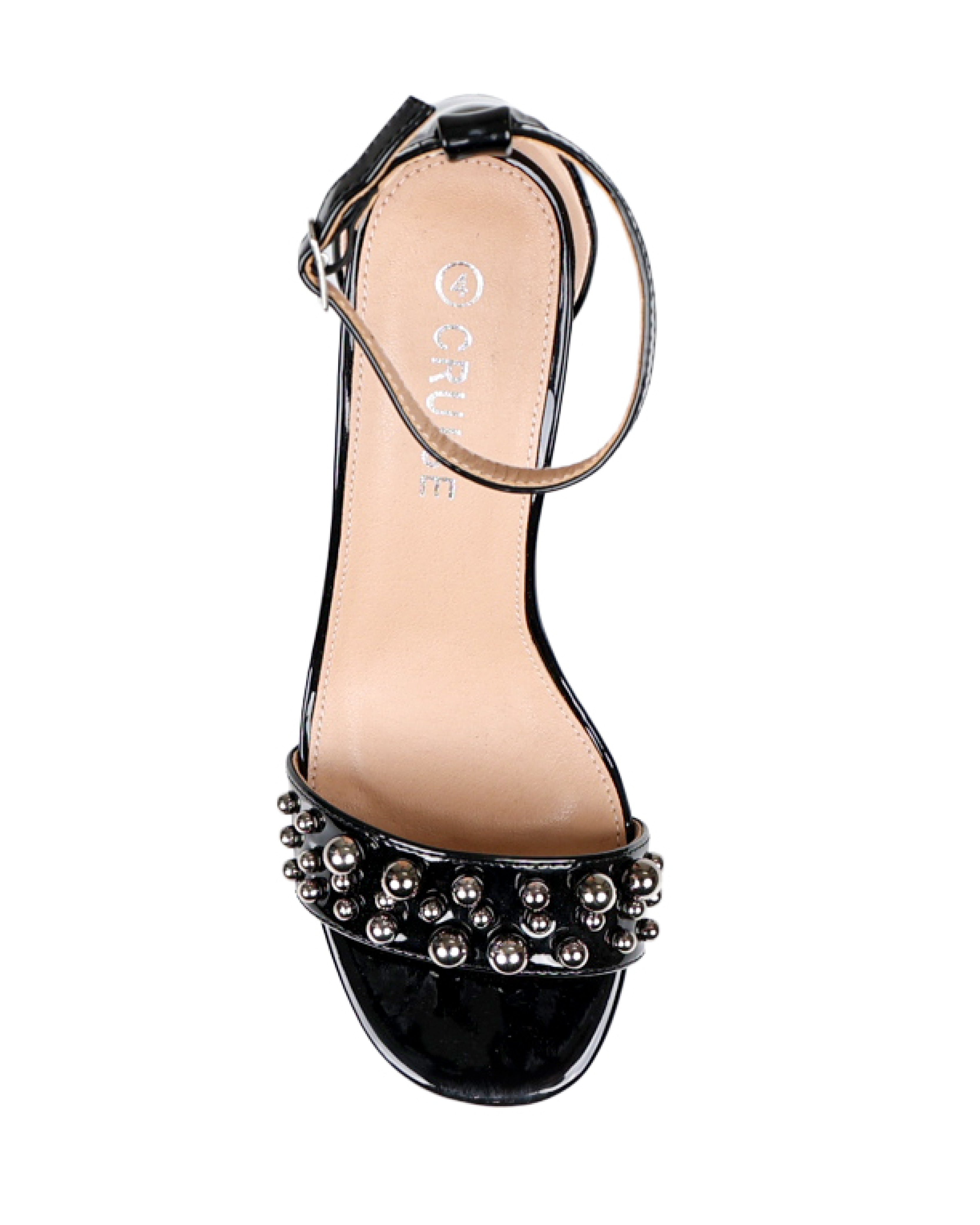 Black Pearl Detail Ankle Strap Block Heel