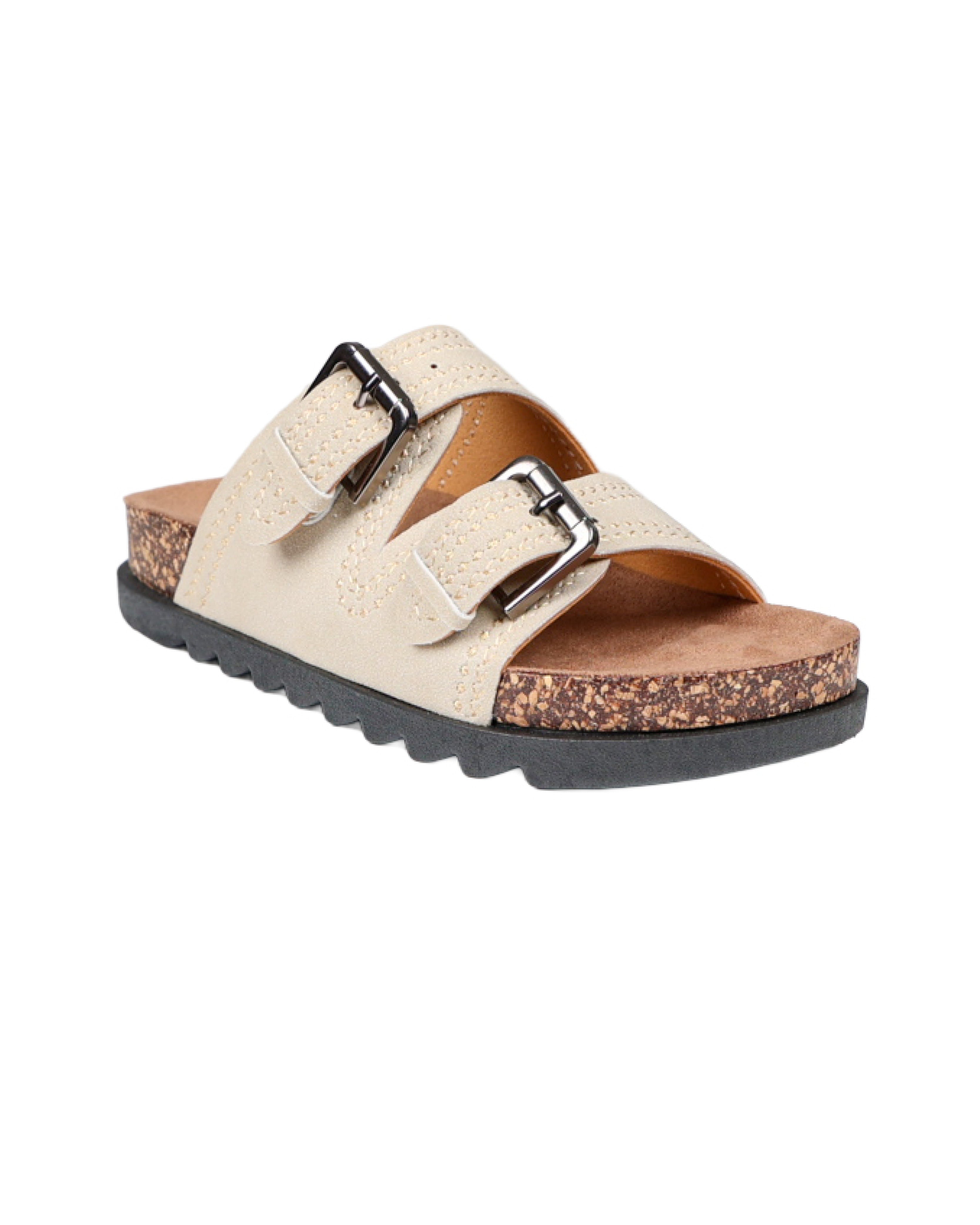 Stone Double Buckle Stitch Detail Slip-on Sandal