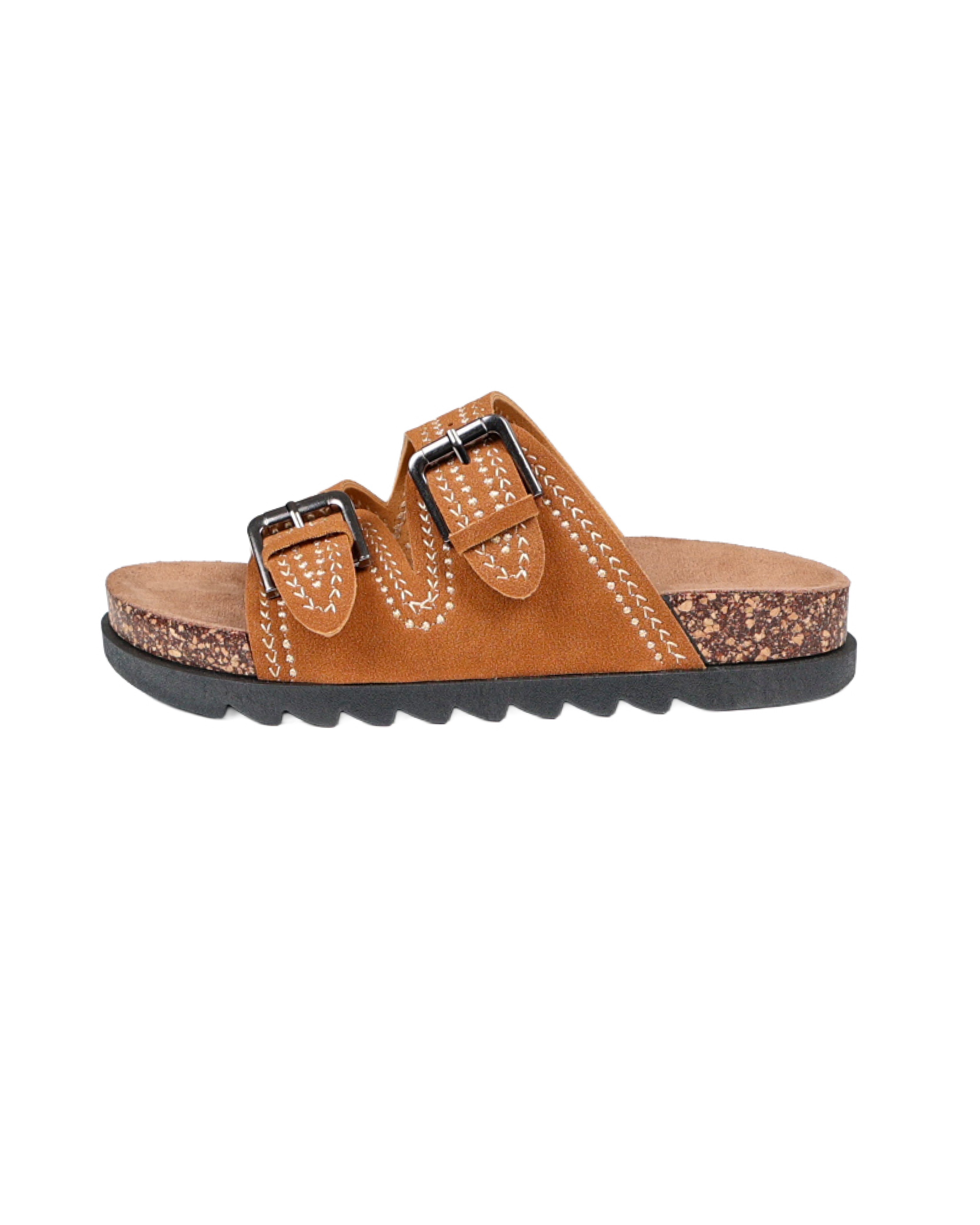 Tan Double Buckle Stitch Detail Slip-on Sandal