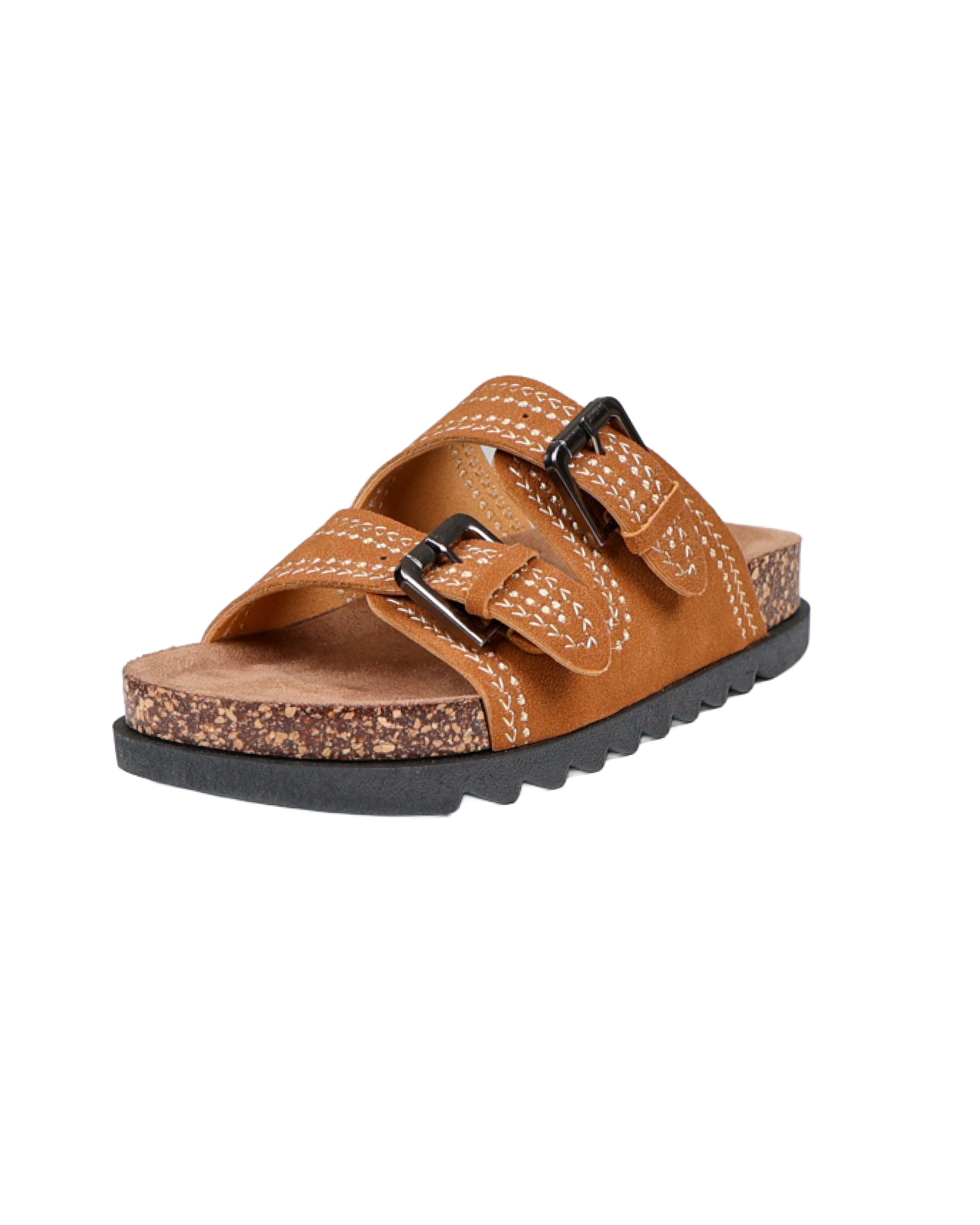 Tan Double Buckle Stitch Detail Slip-on Sandal