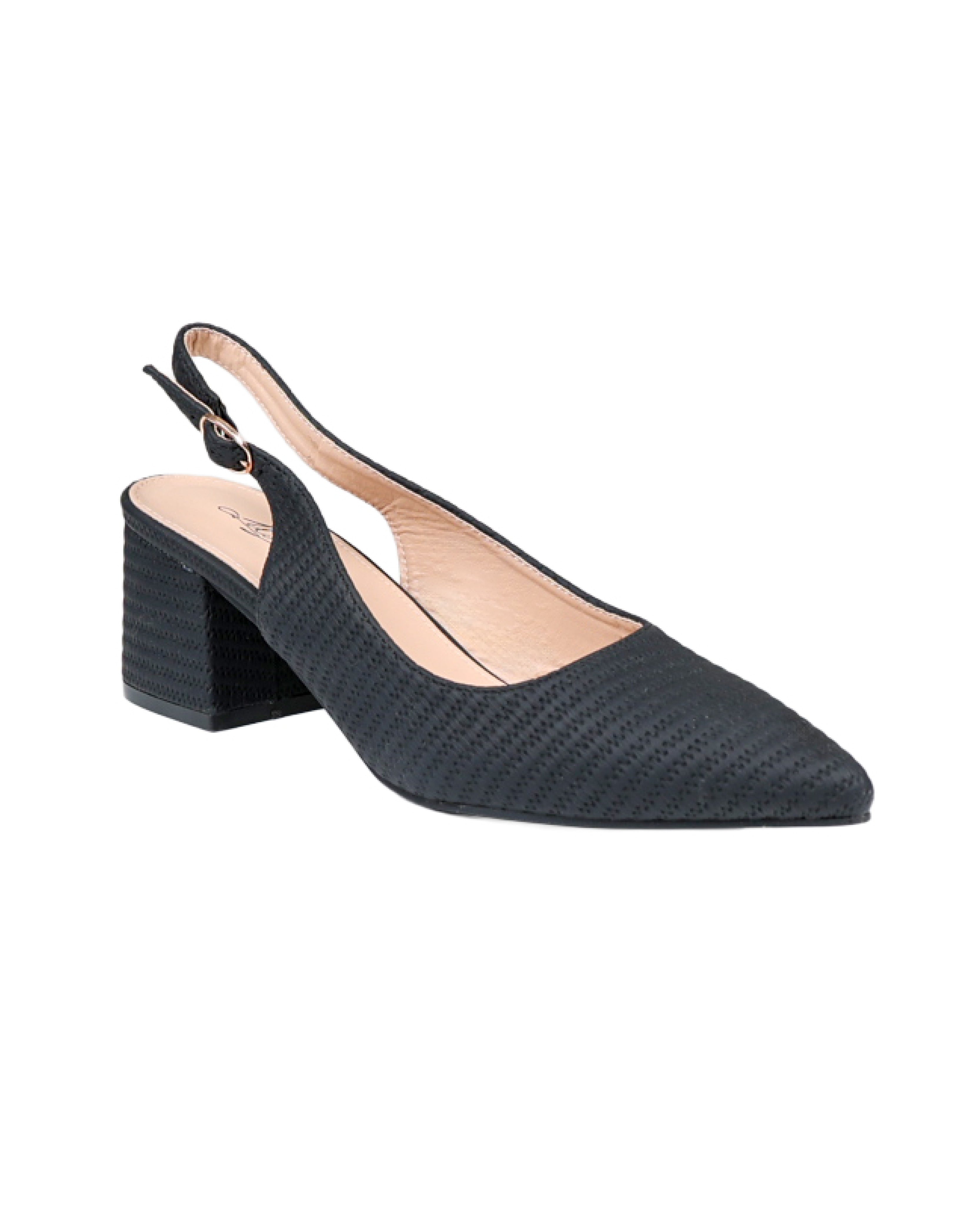 Black Woven Surface Interest Slingback Block Heels