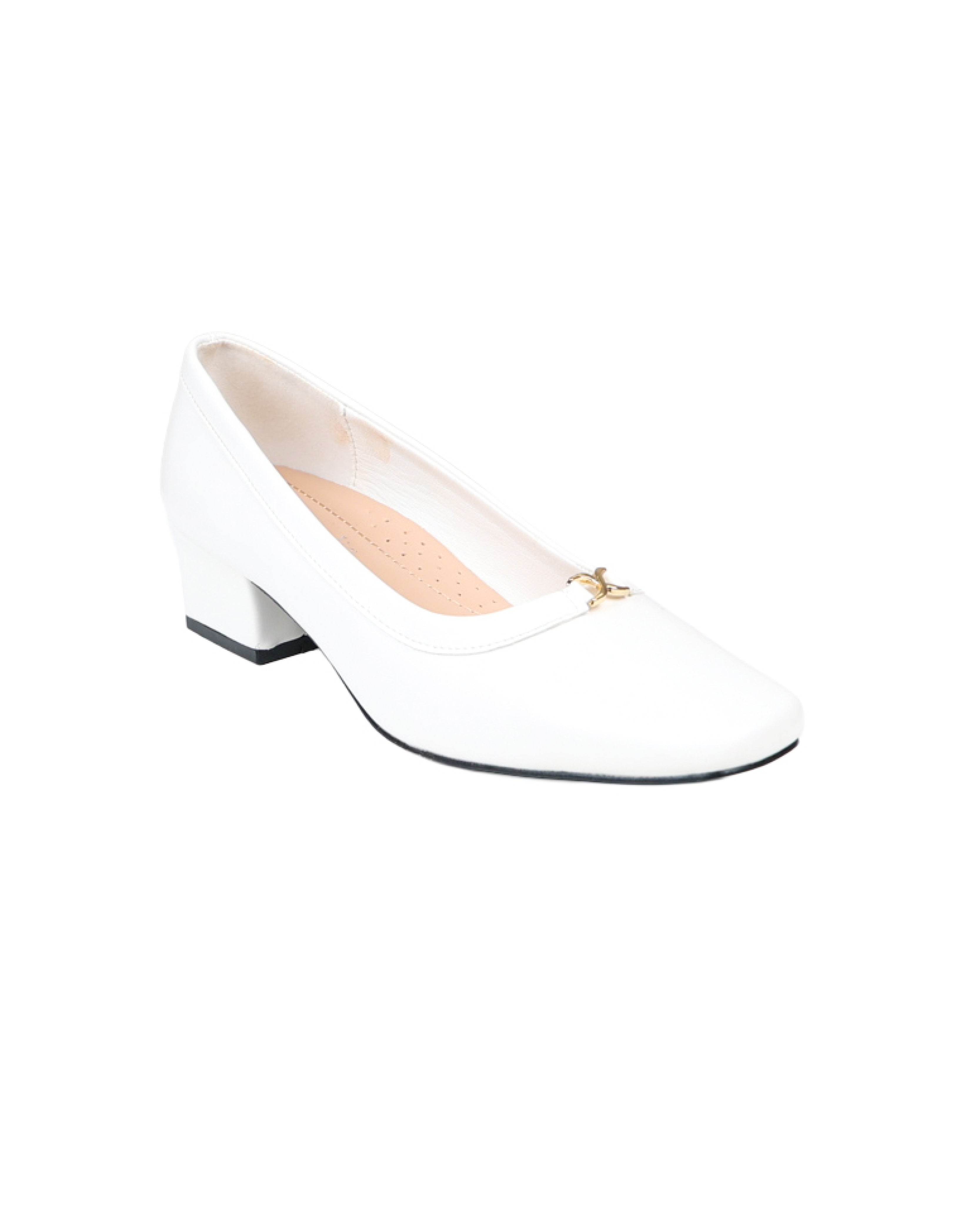 White Embellished Block Heel Court