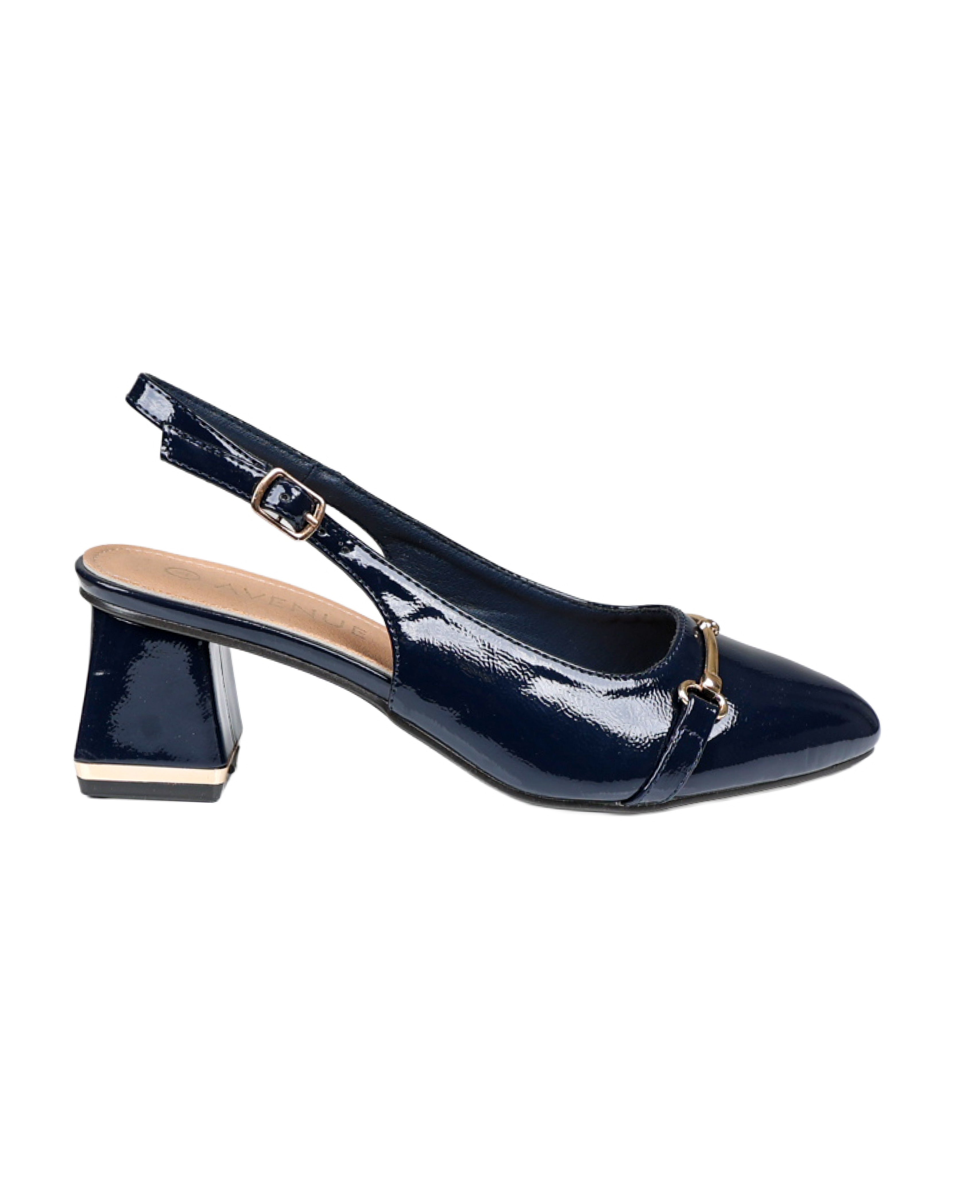Navy Snaffle Embellished Slingback Block Heels
