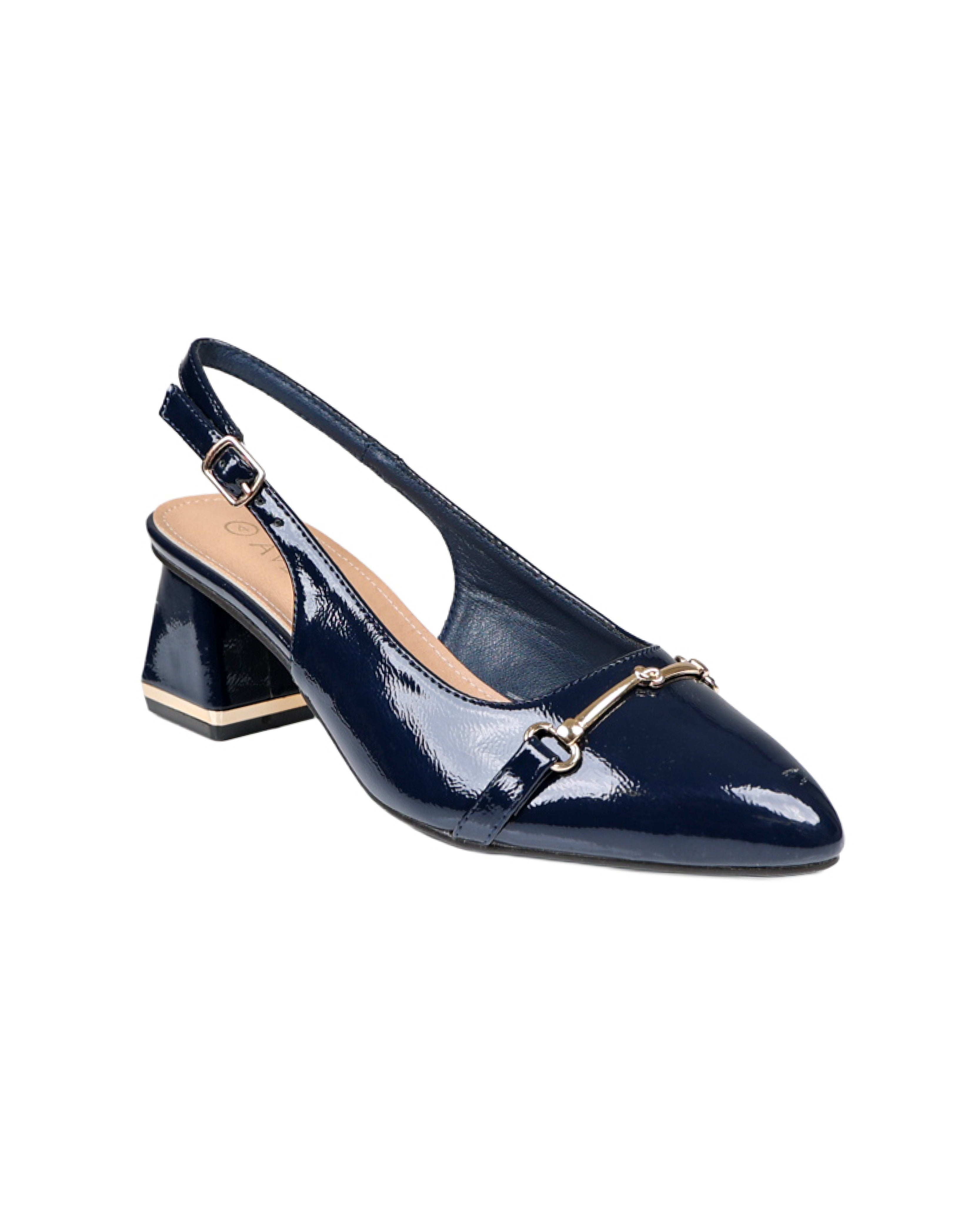 Navy Snaffle Embellished Slingback Block Heels