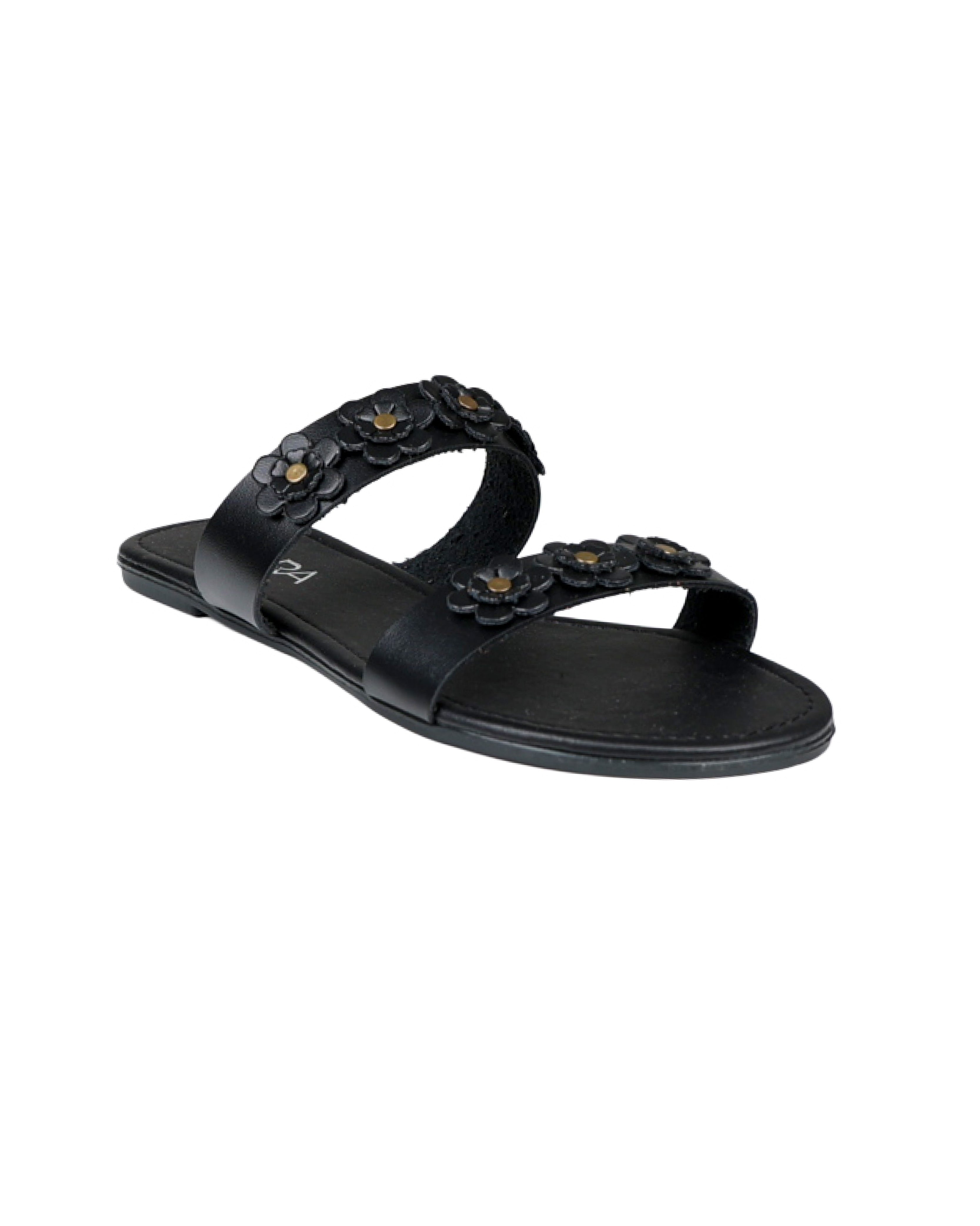 Black Flower Detail Double Band Mule
