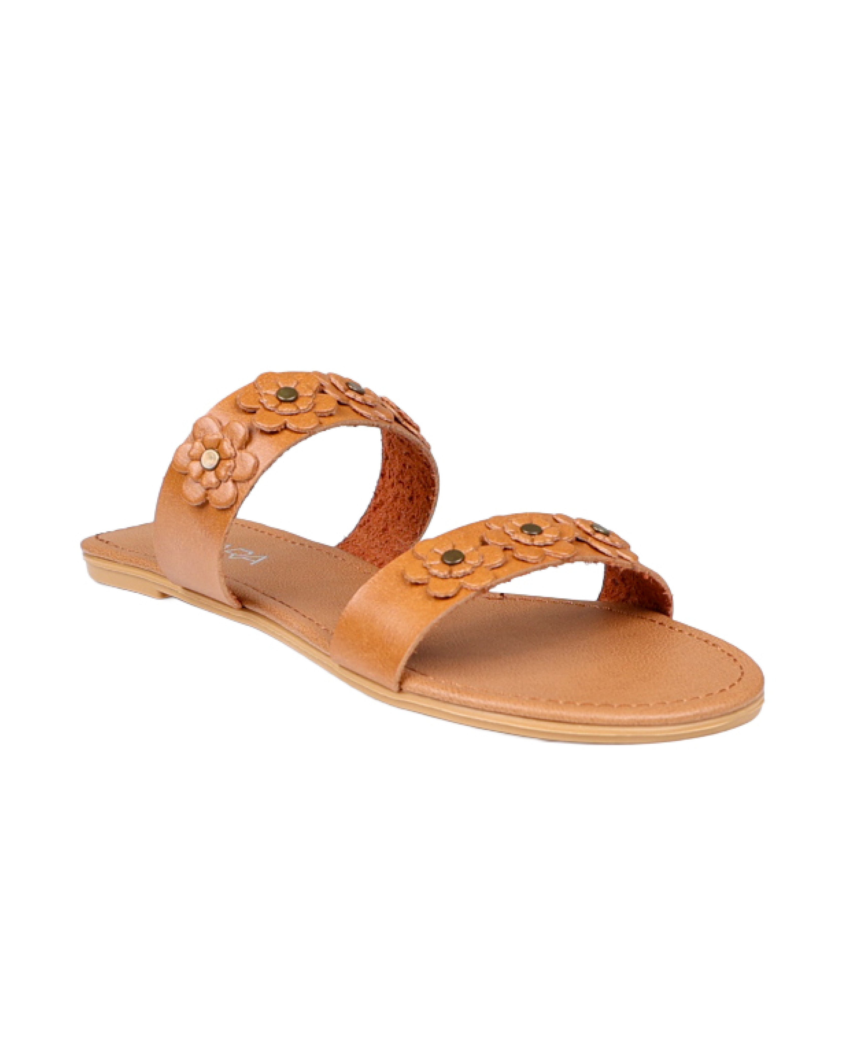 Tan Flower Detail Double Band Mule