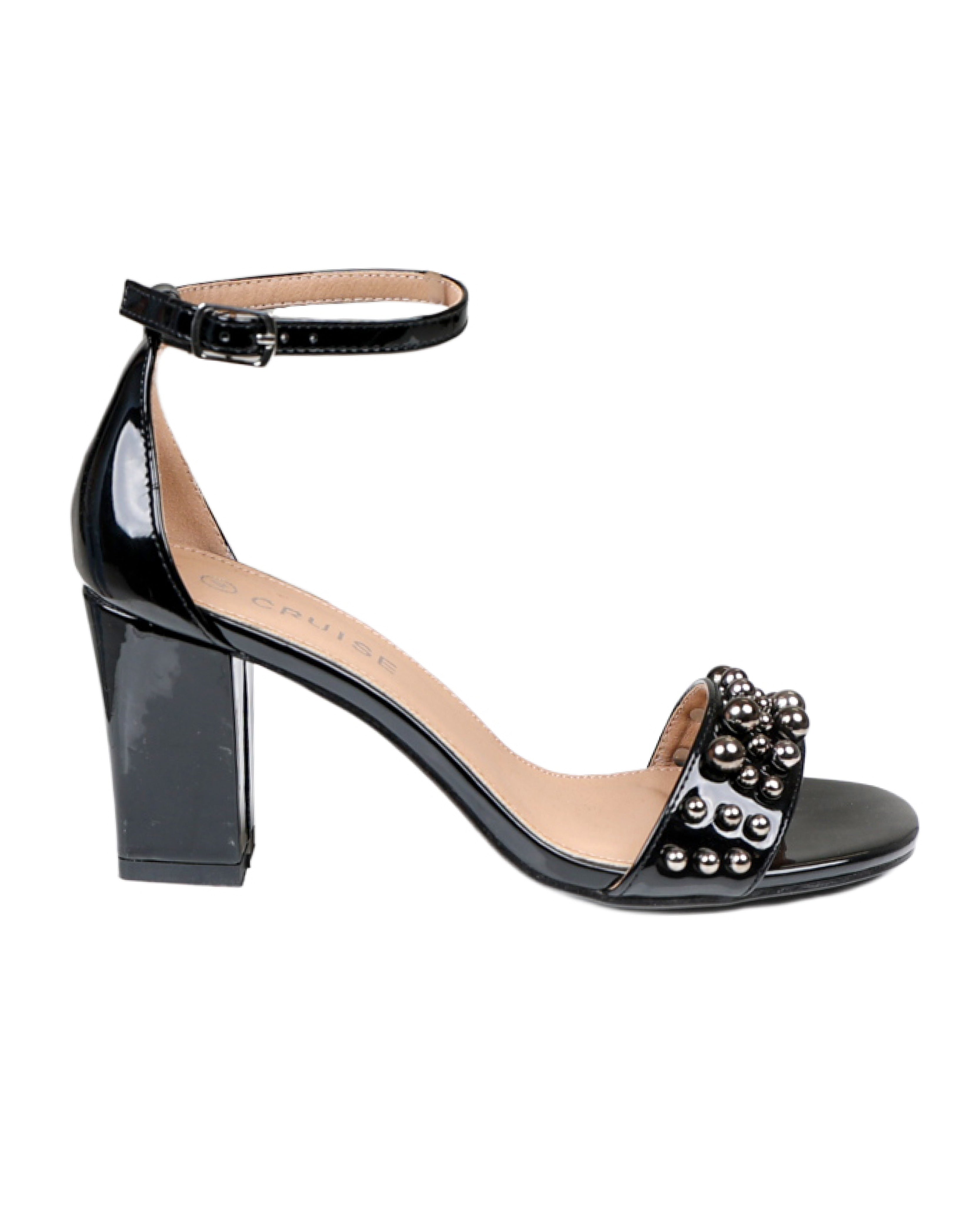 Black Pearl Detail Ankle Strap Block Heel