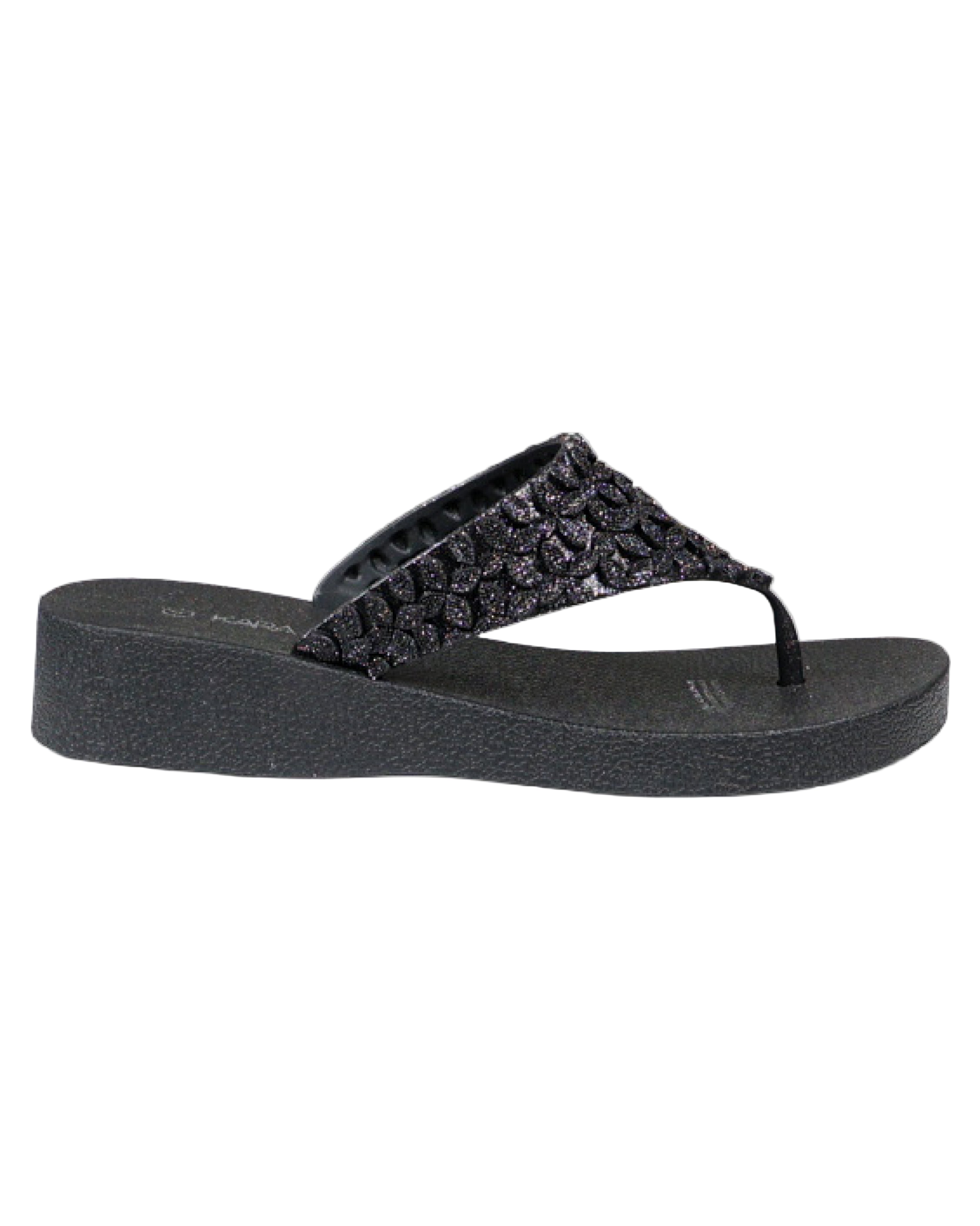 Black Glitter Petal Detail Jelly Wedge Sandal