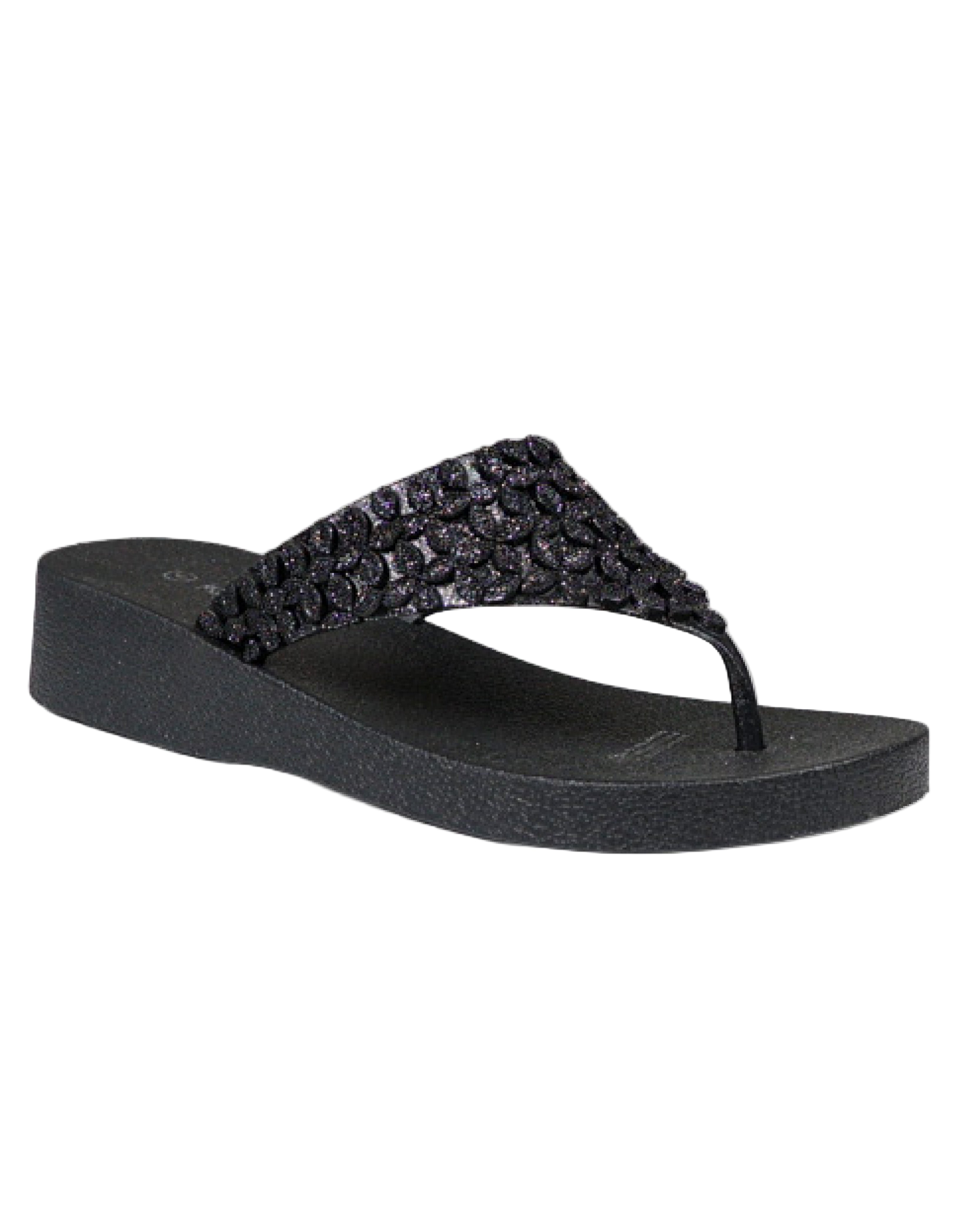 Black Glitter Petal Detail Jelly Wedge Sandal