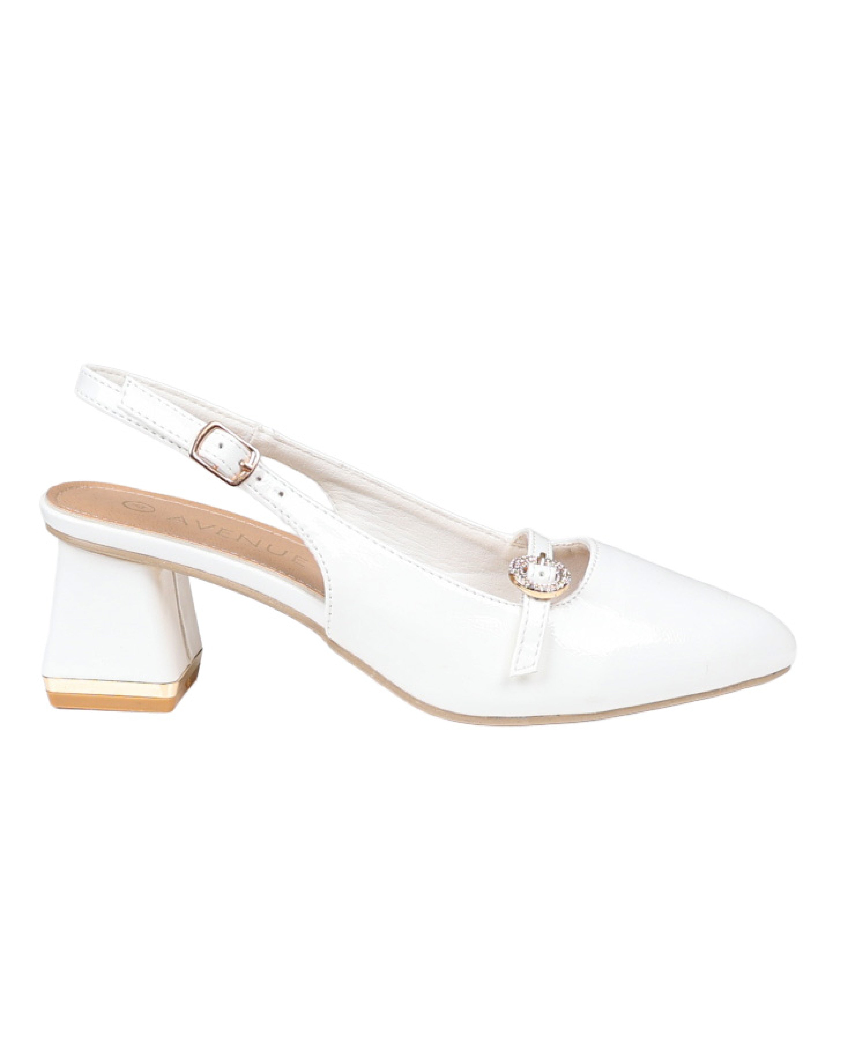 White Embellished Buckle Detail Slingback Block Heel