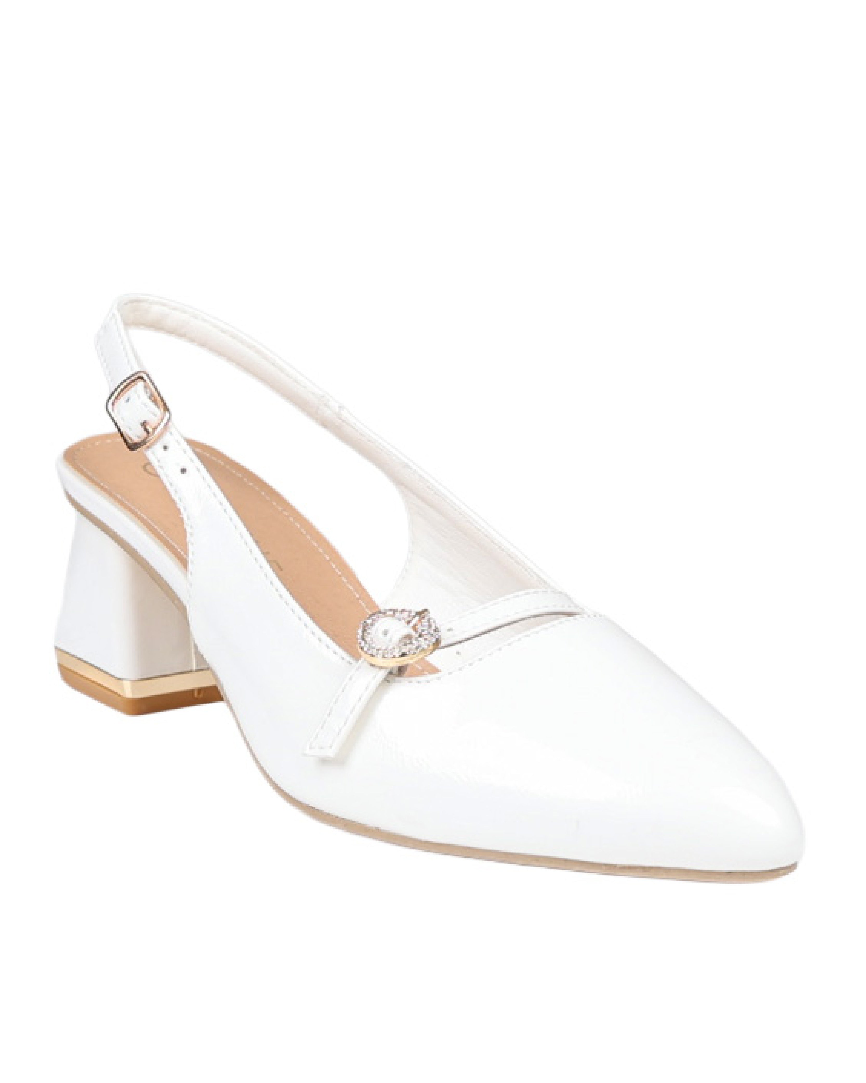 White Embellished Buckle Detail Slingback Block Heel