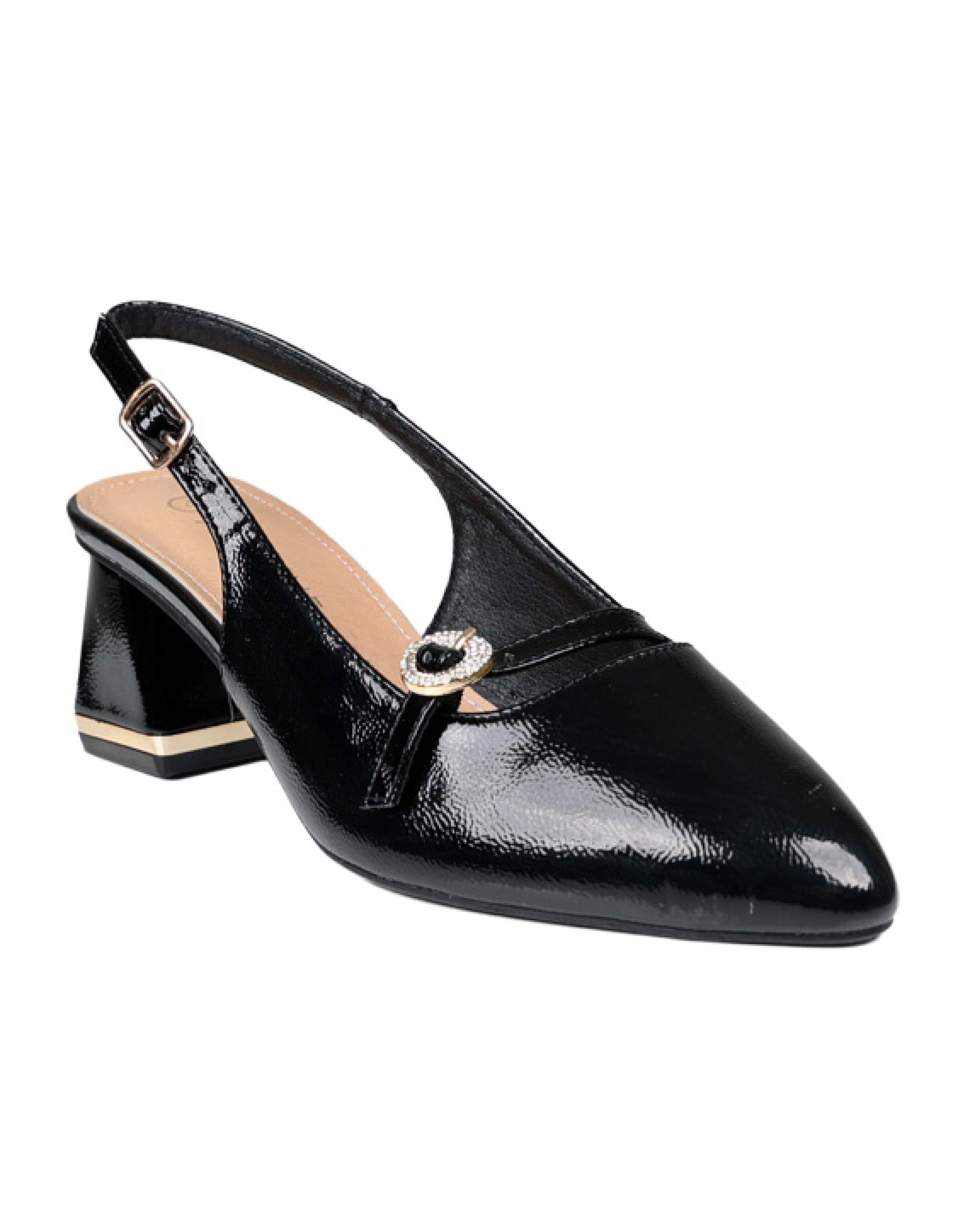 Black Embellished Buckle Detail Slingback Block Heel