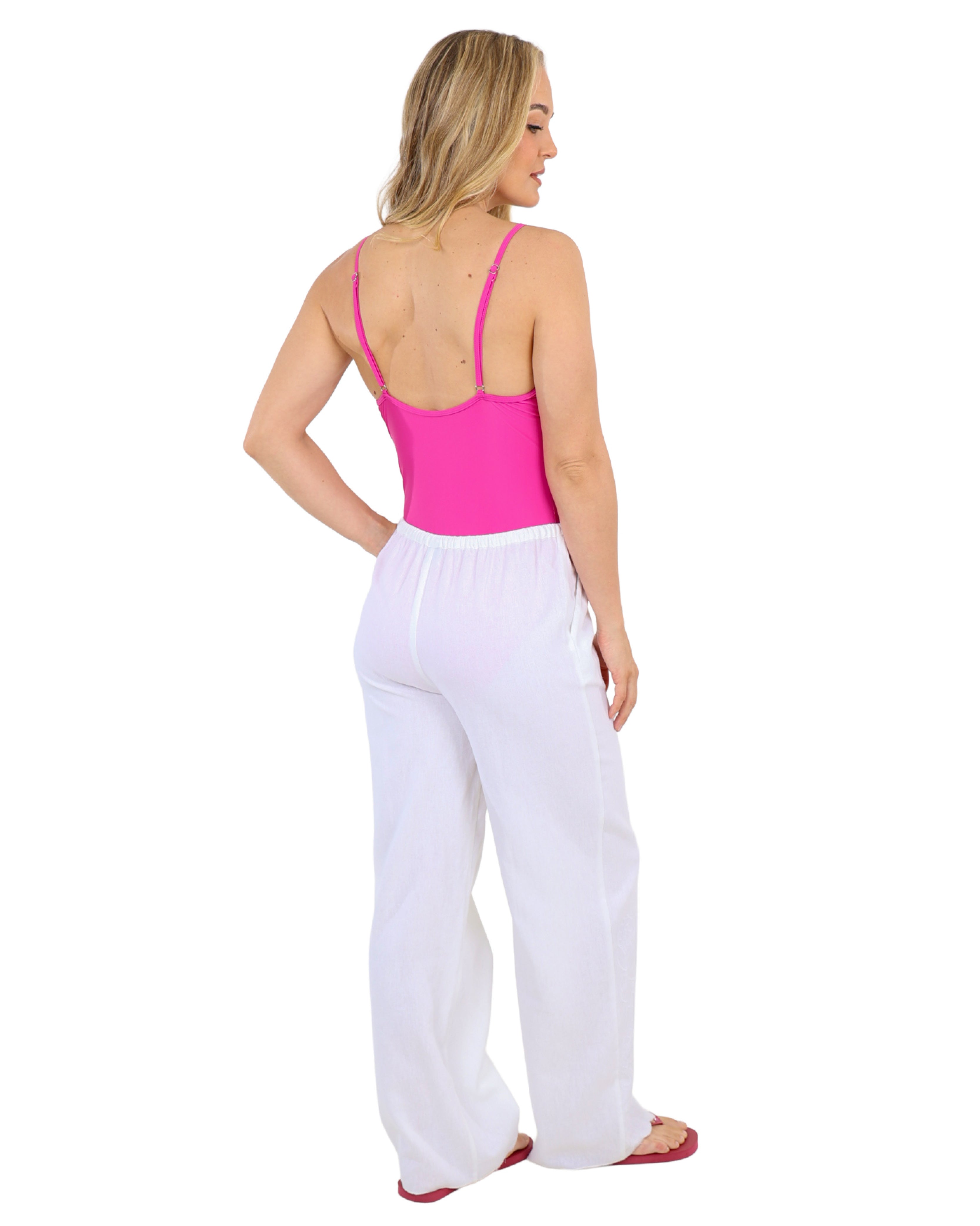 Hem Embroidered White Linen Blend Pants