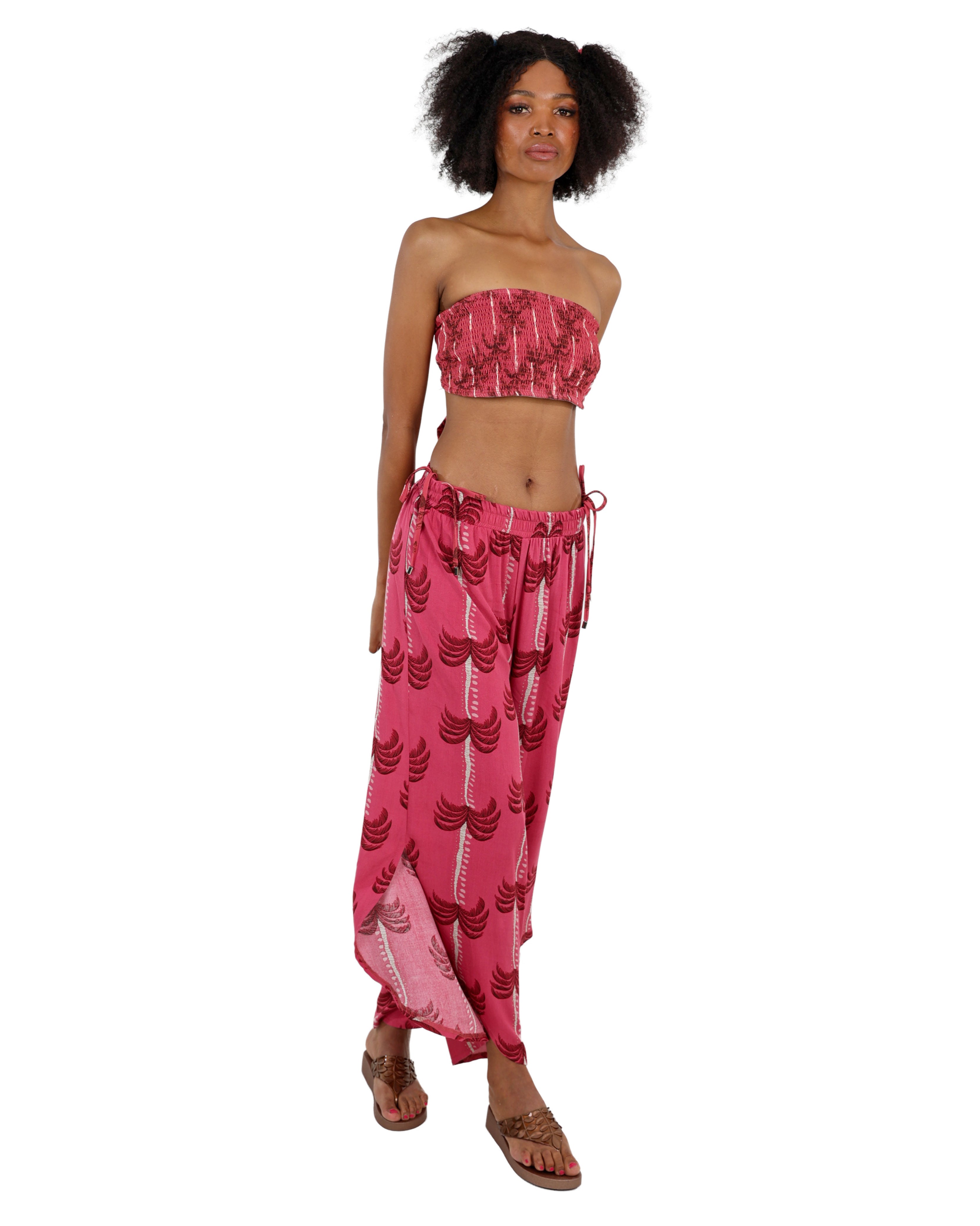 Palm Print Curved Hem Pull Up Pants