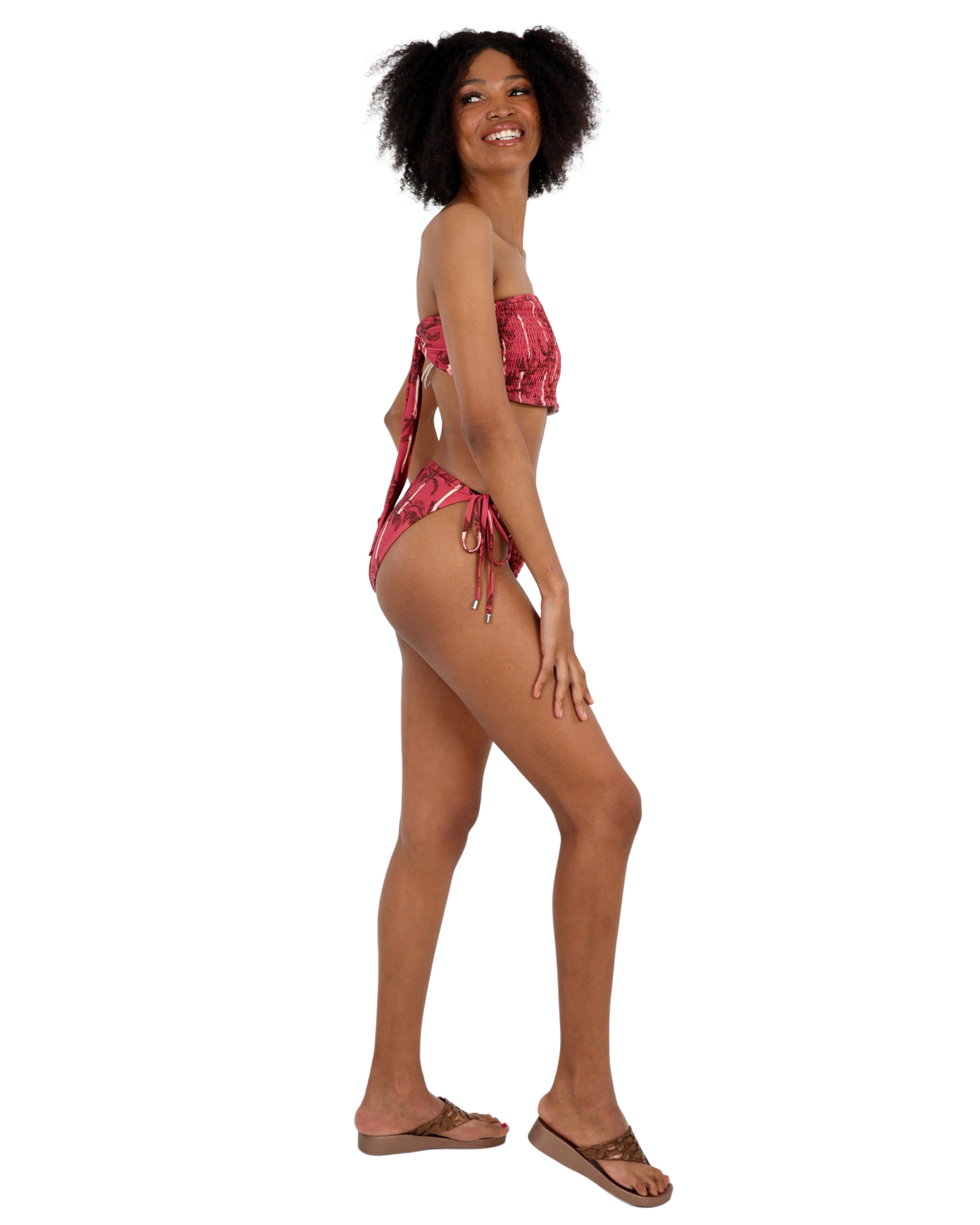 Pink Palm Print Shirred Bikini Bottom