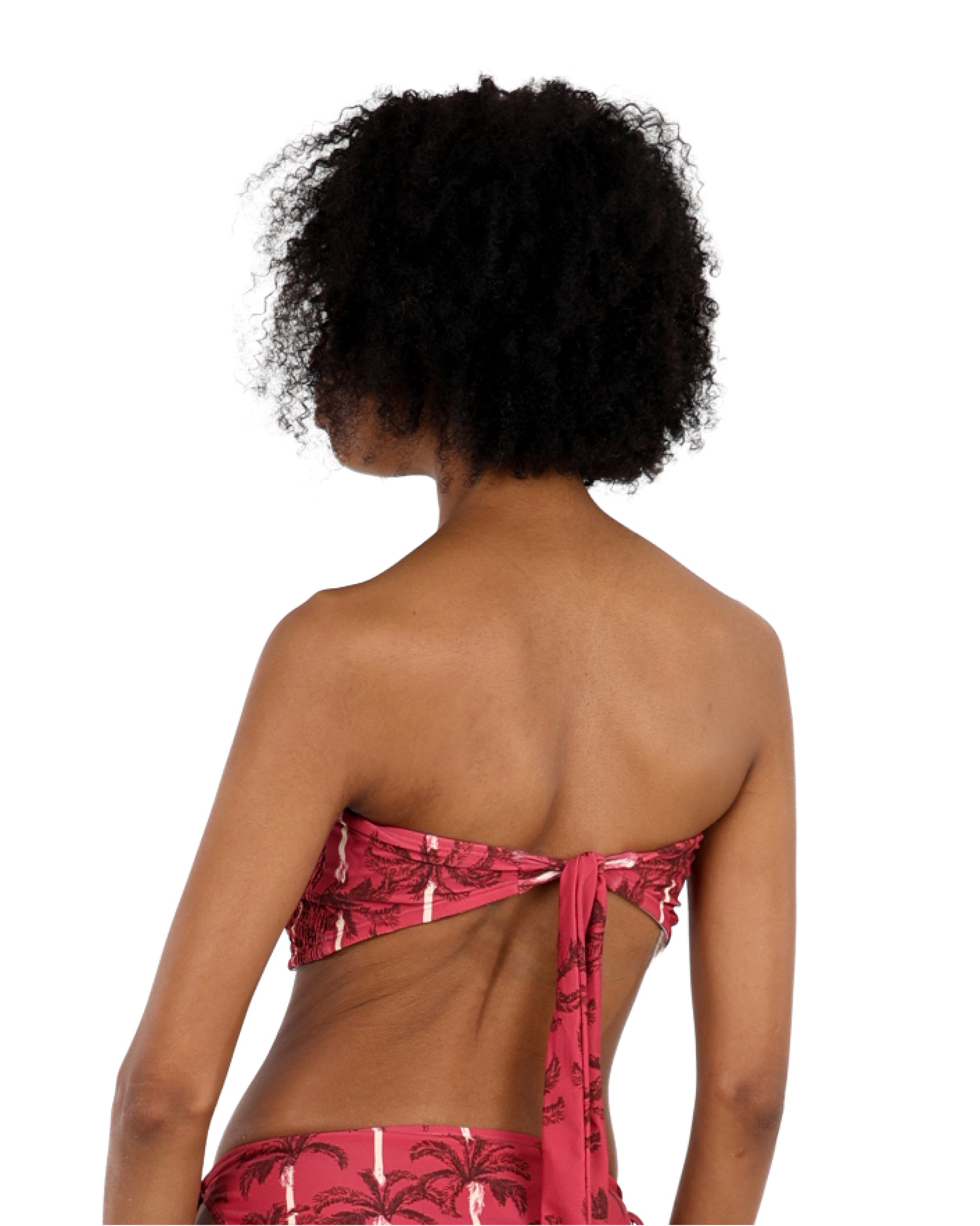 Pink Palm Print Shirred Bandeau Bikini Top