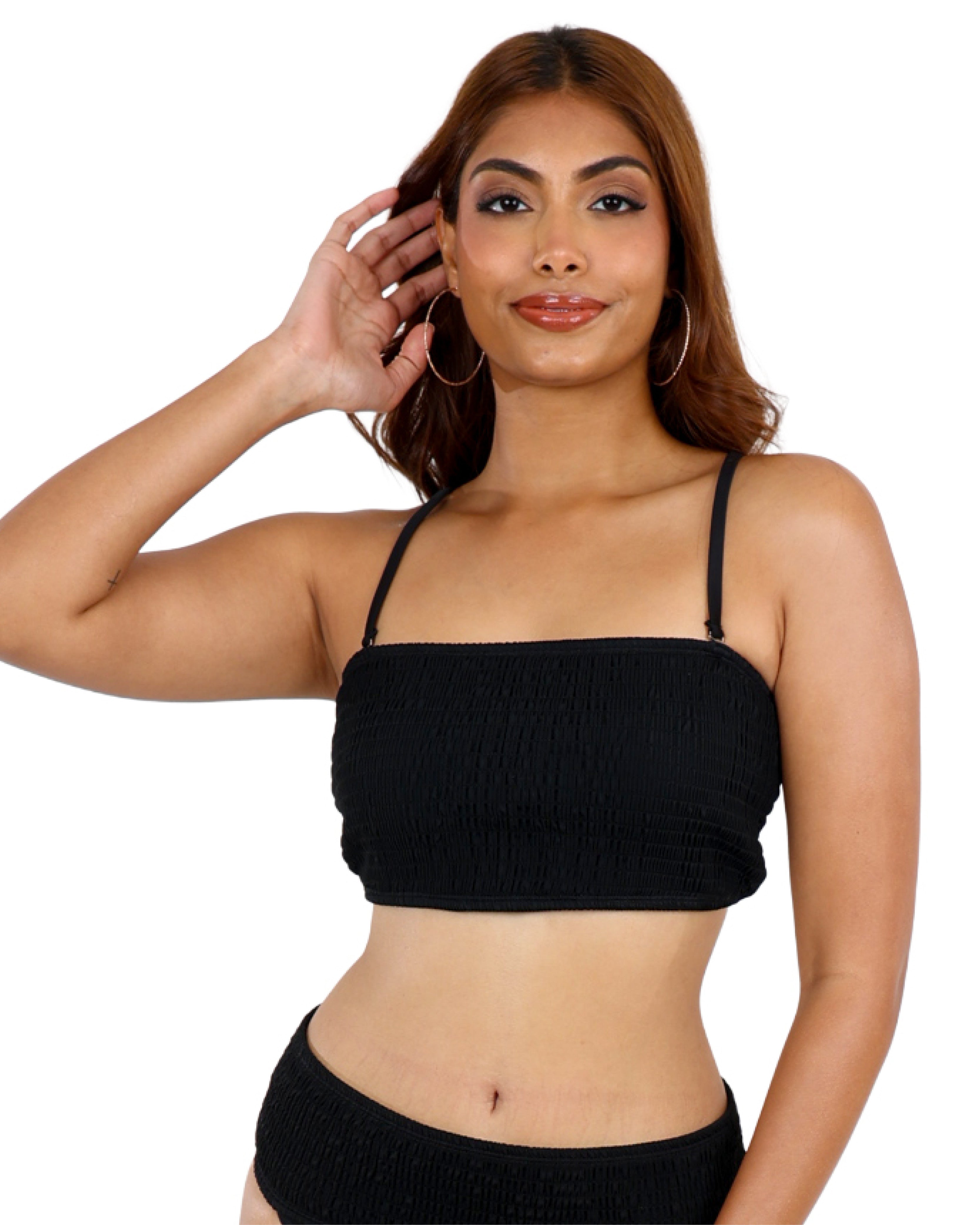 Shirred Black Strappy Bandeaux Bikini Top