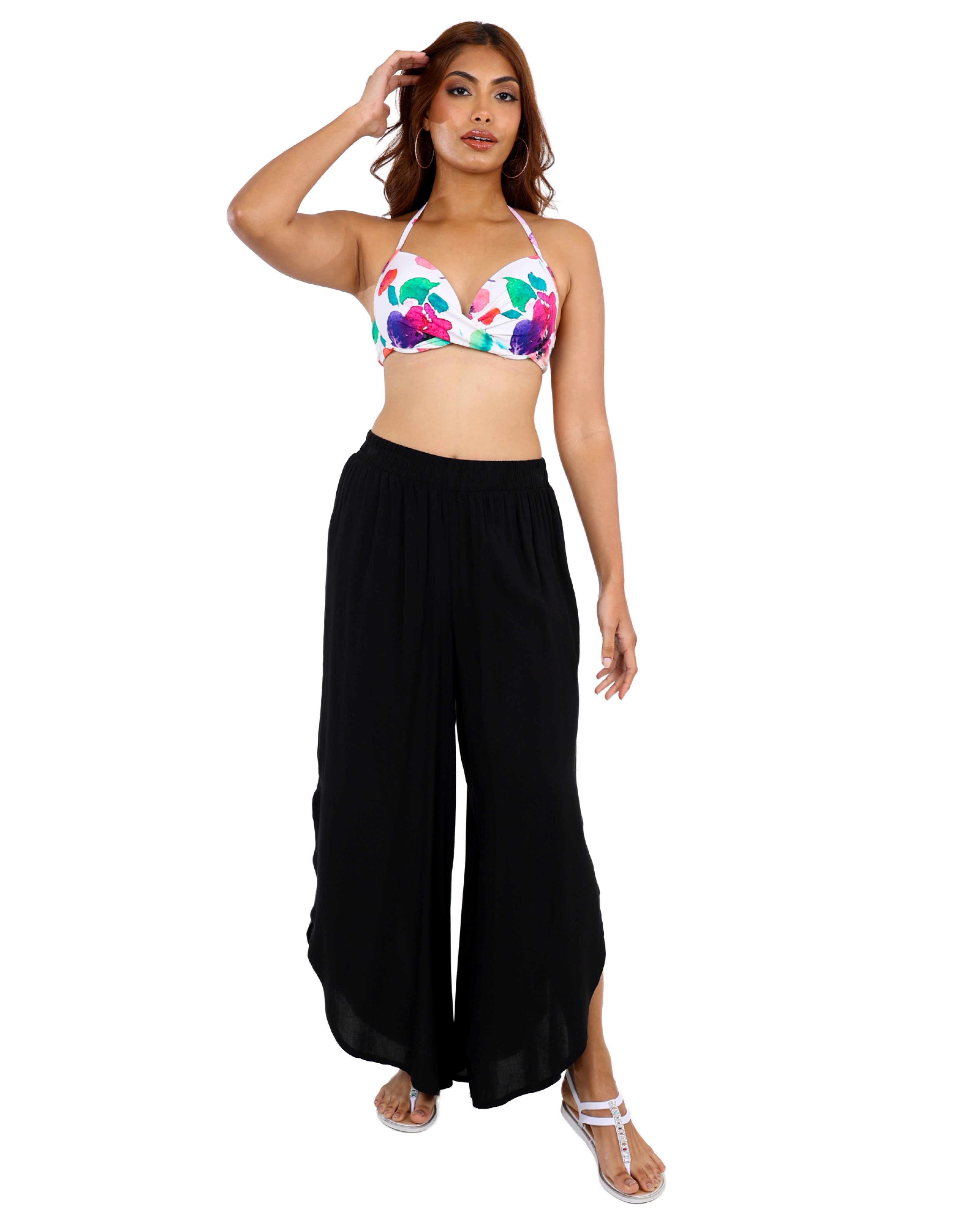 Black Curved Hem Pull Up Pants