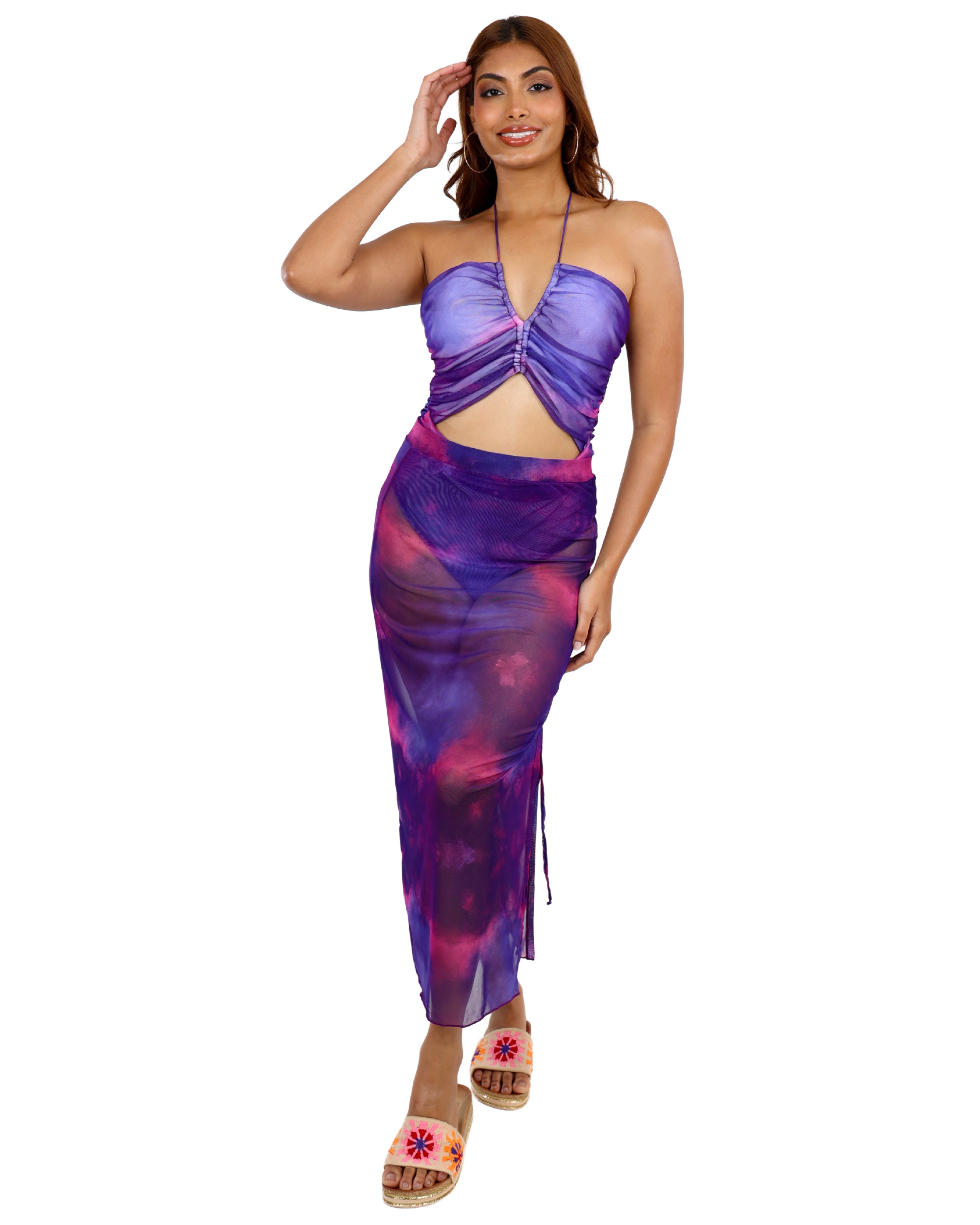 Mesh Ruched Tie Dye Skirt