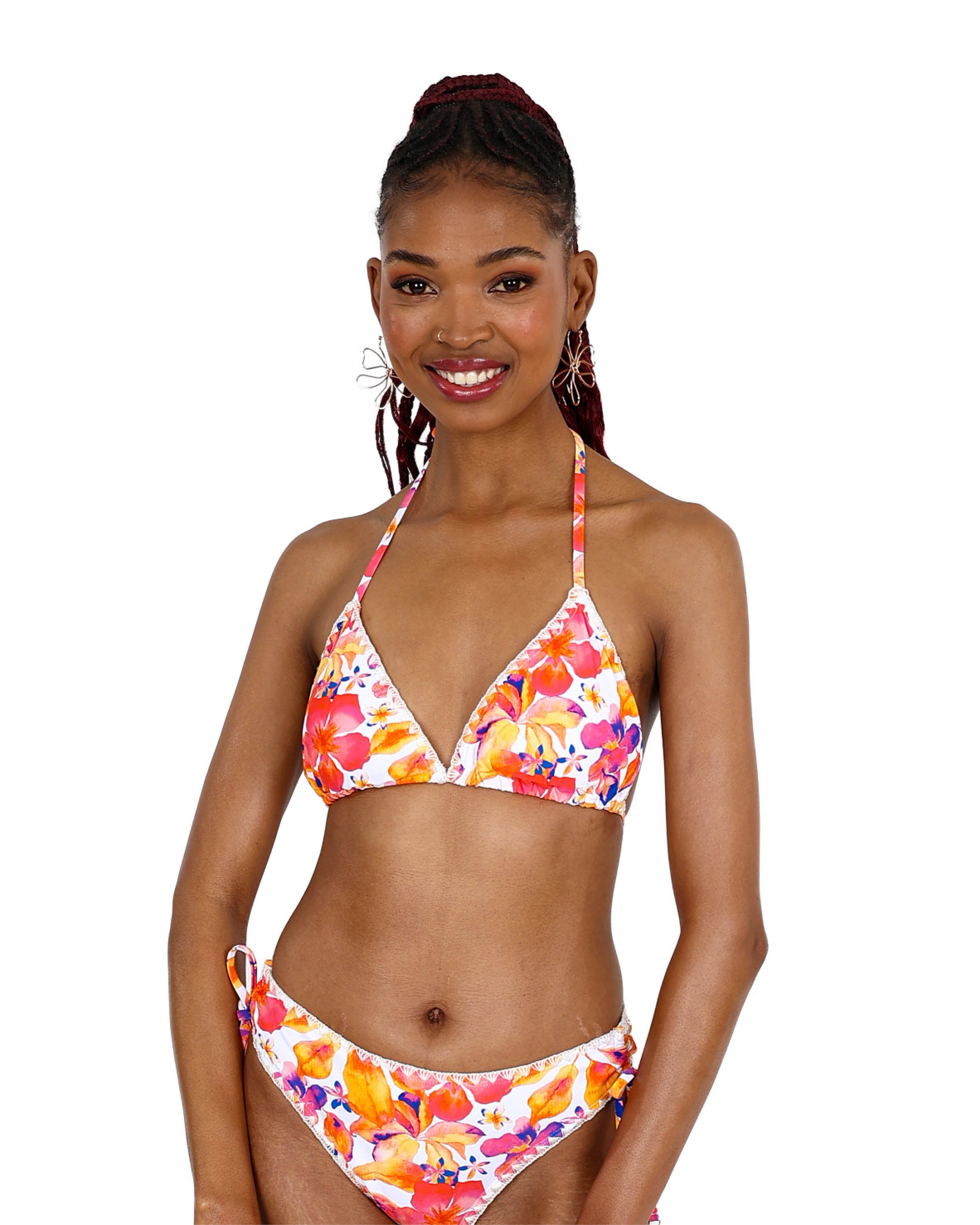 Pink Floral Print Crochet Trim Bikini Top