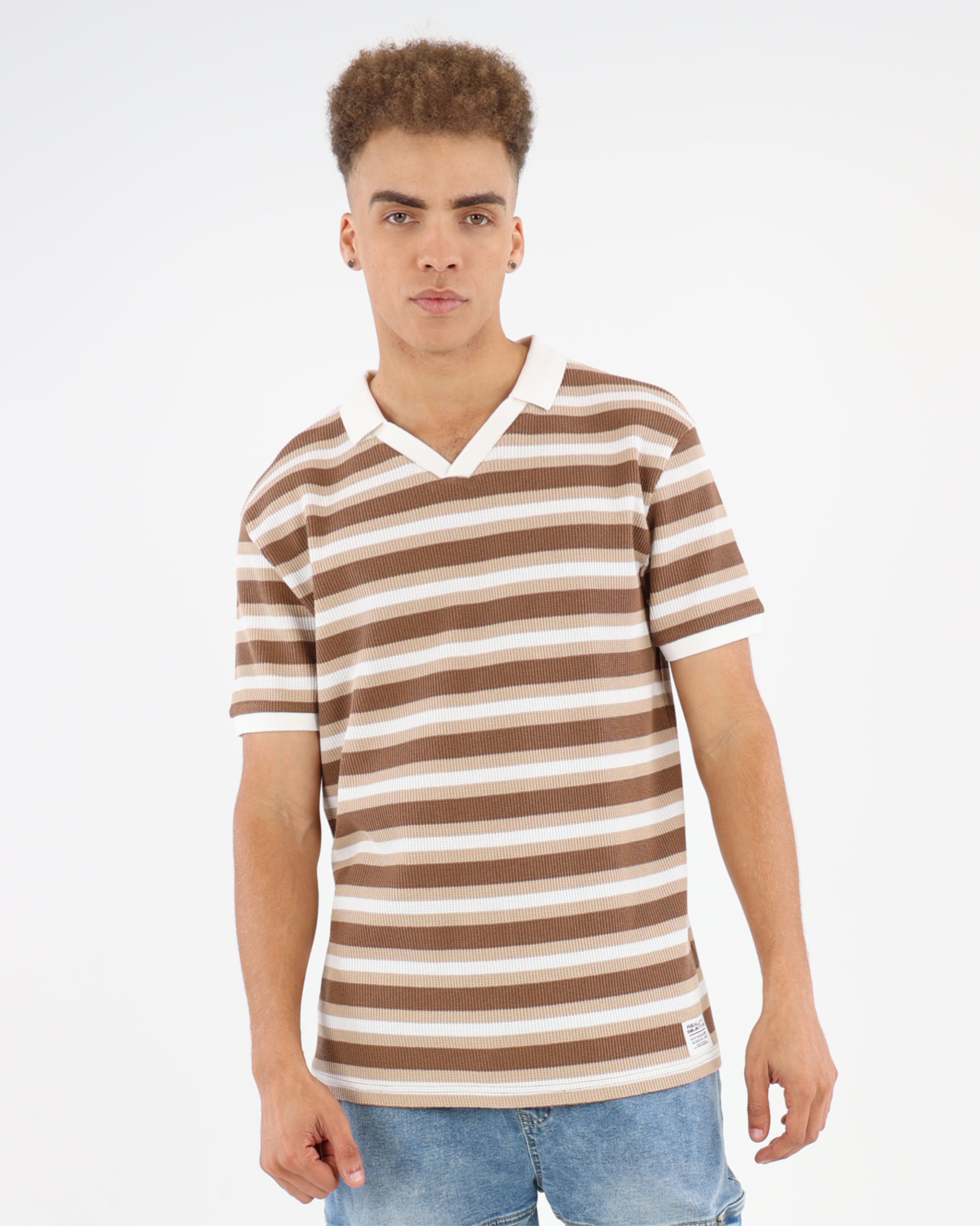 Waffle Textured Short Sleeve Striped Golfer