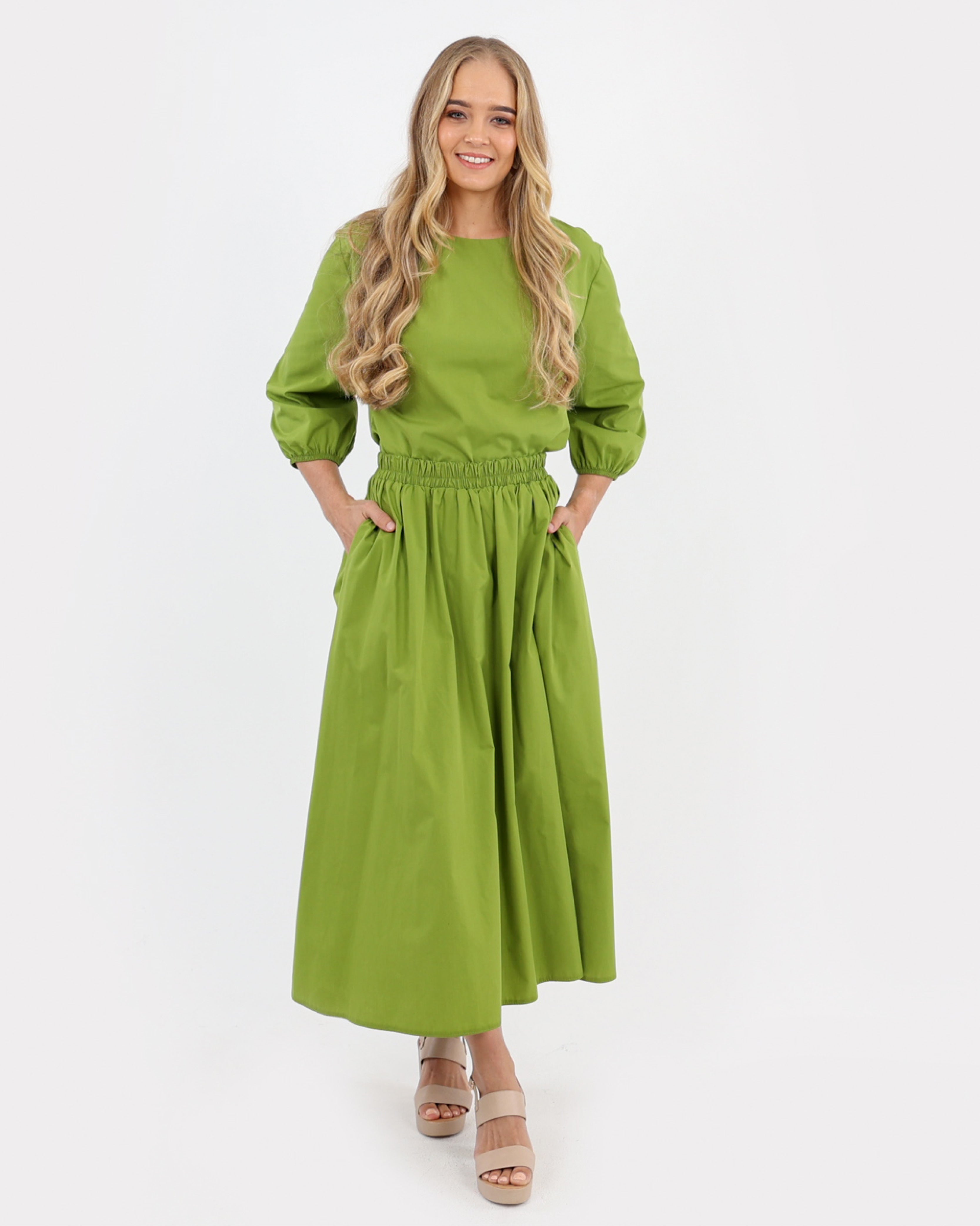 Green Cotton Poplin Flared Skirt