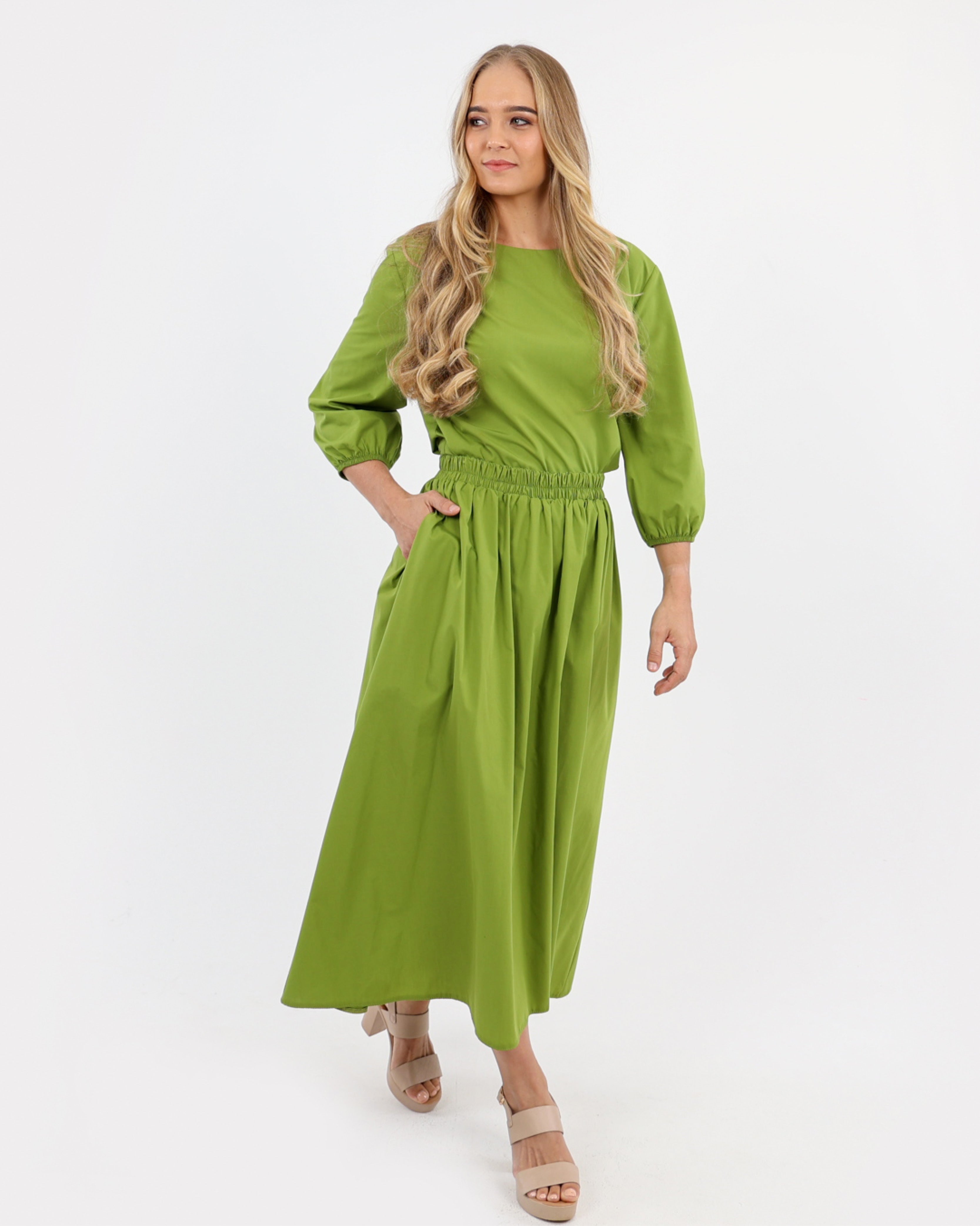 Green Cotton Poplin Flared Skirt