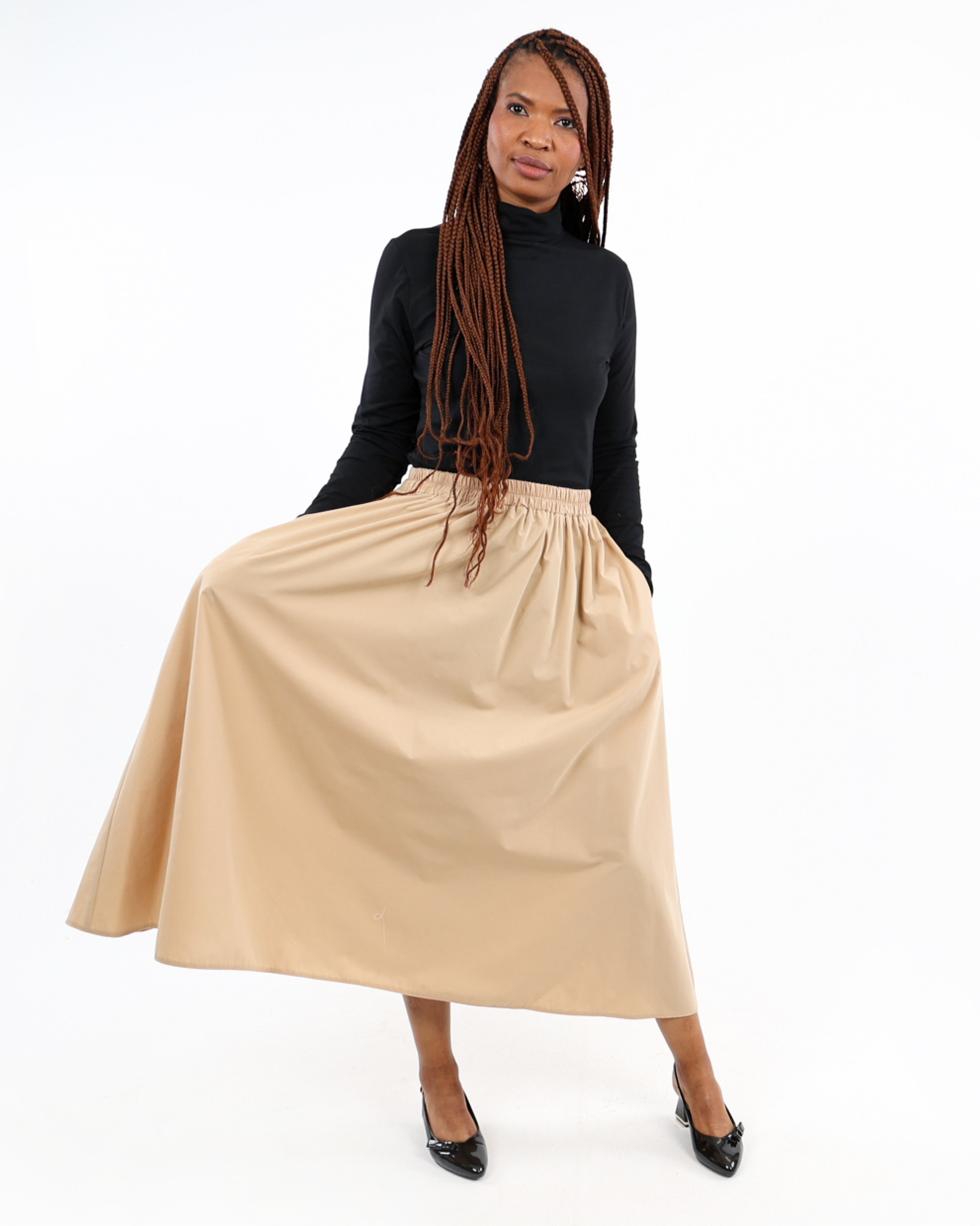 Stone Cotton Poplin Flared Skirt