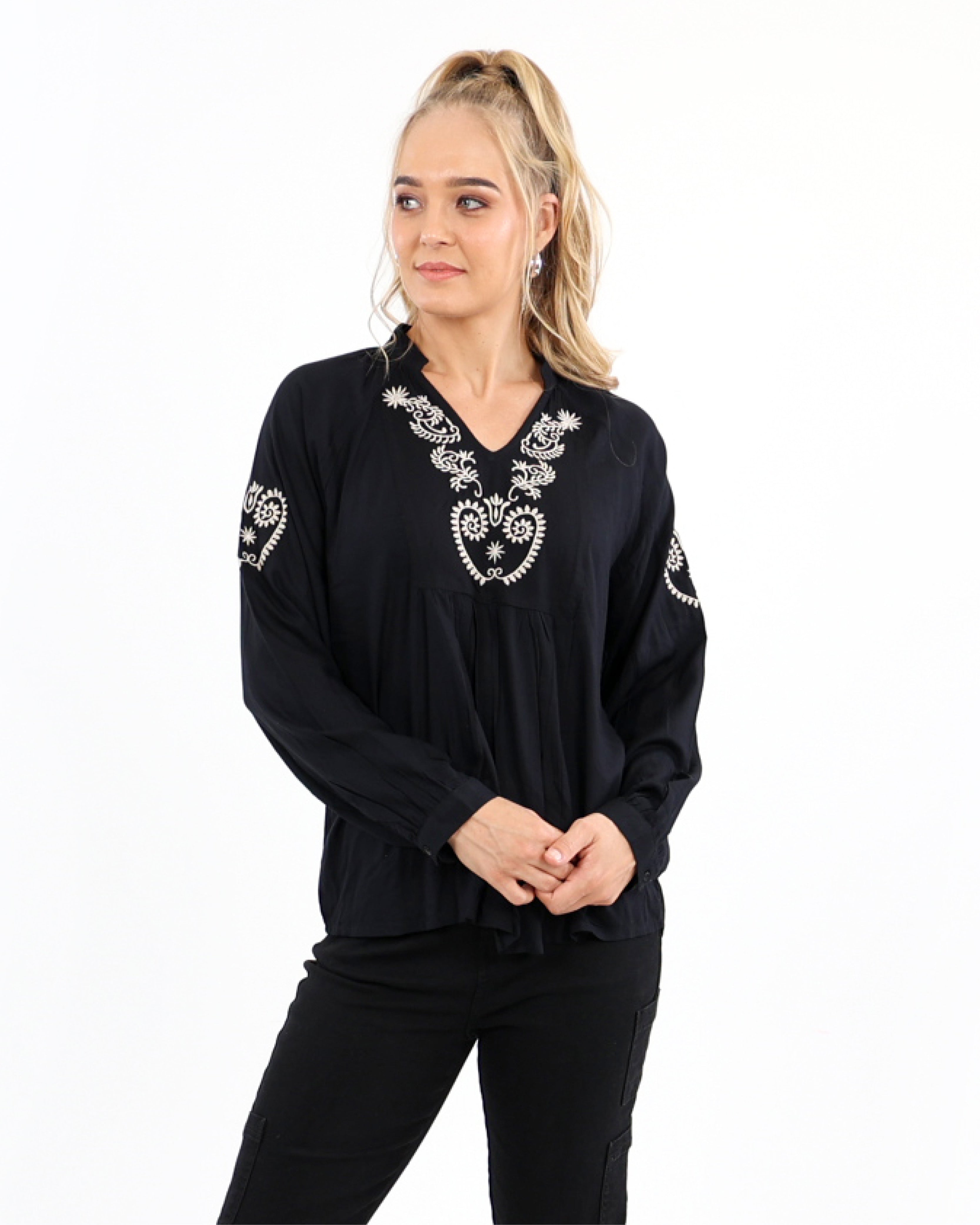 Black Embroidered Long Sleeve Blouse