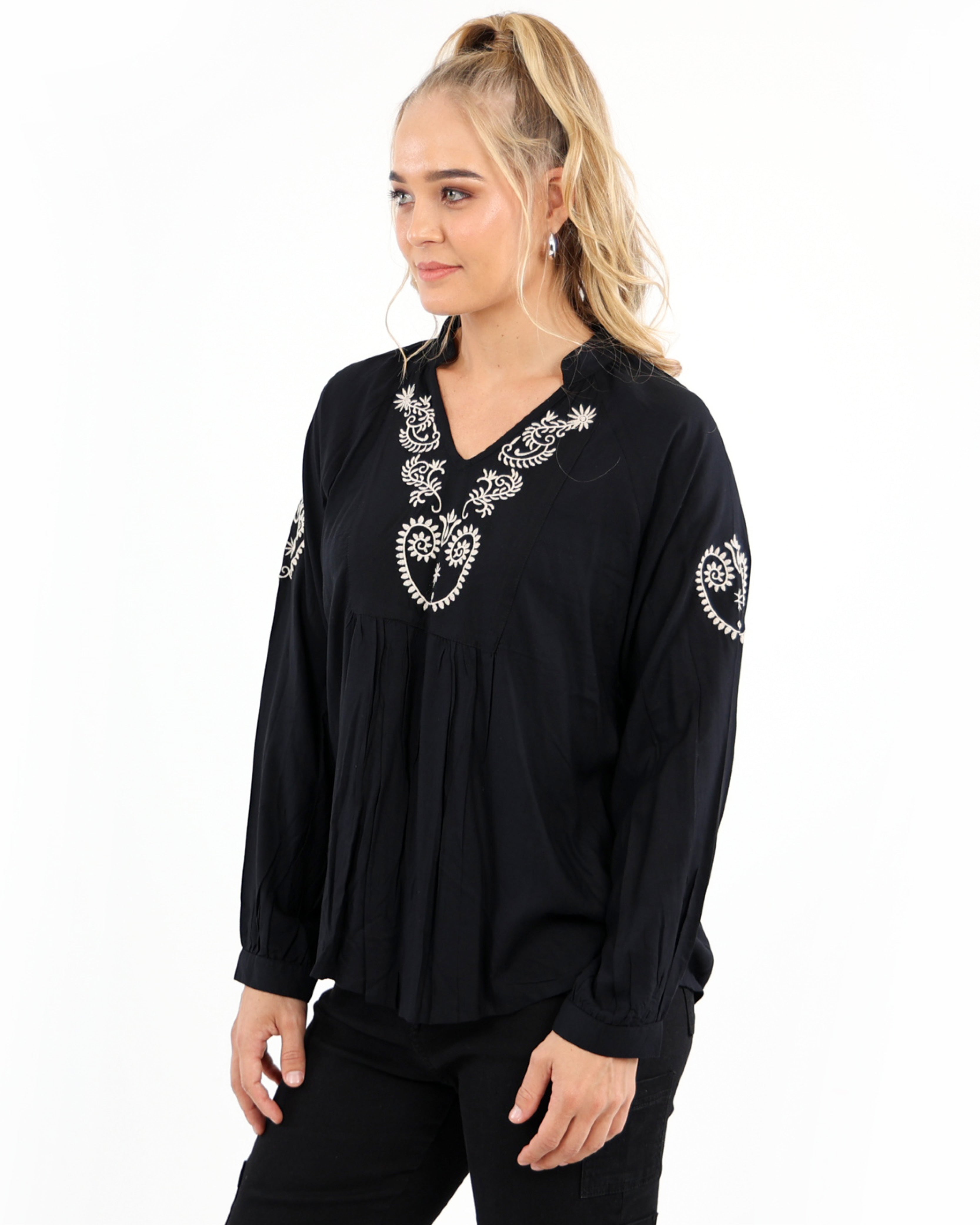 Black Embroidered Long Sleeve Blouse