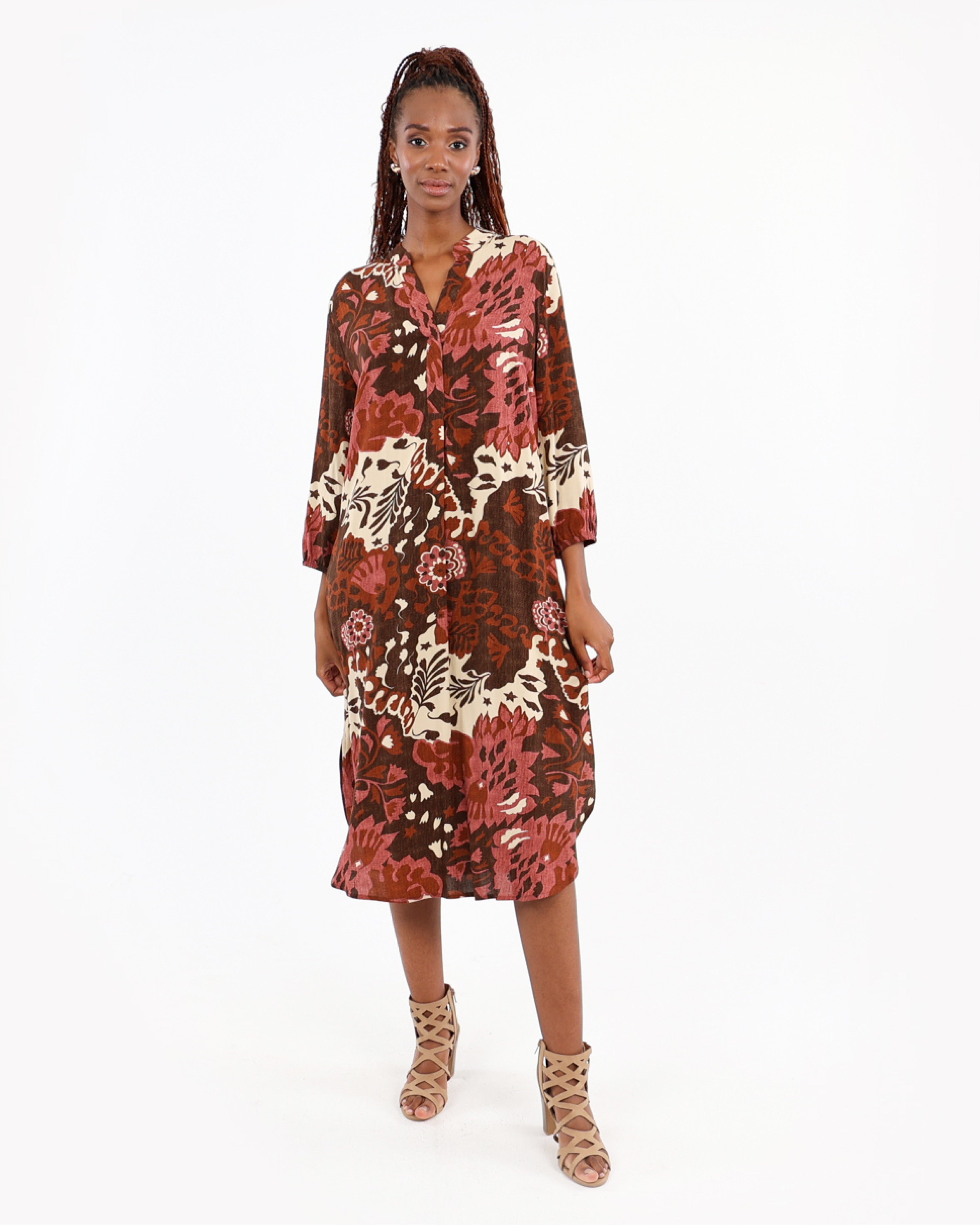 3/4 Sleeve Chocolate Floral Print Dress