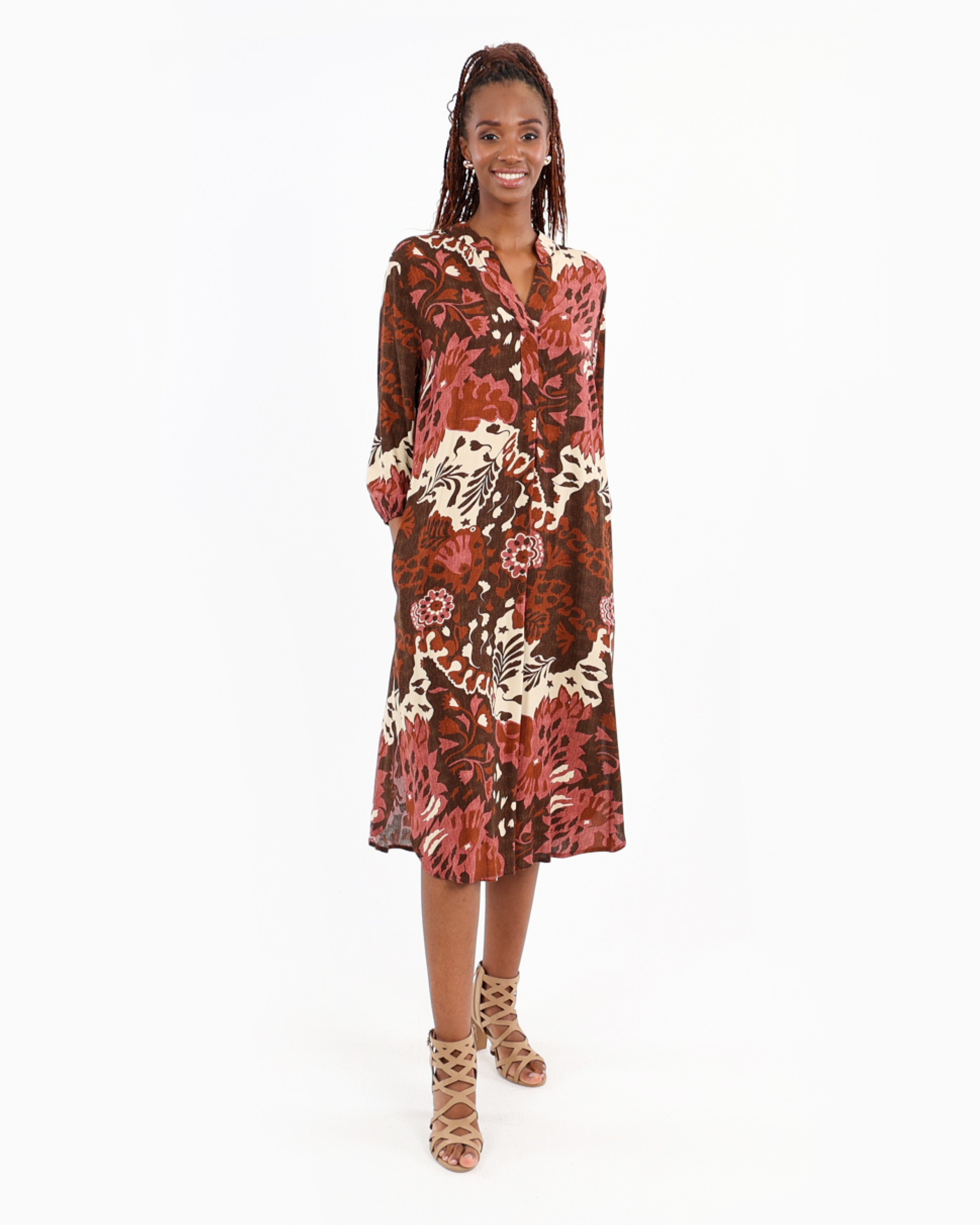 3/4 Sleeve Chocolate Floral Print Dress