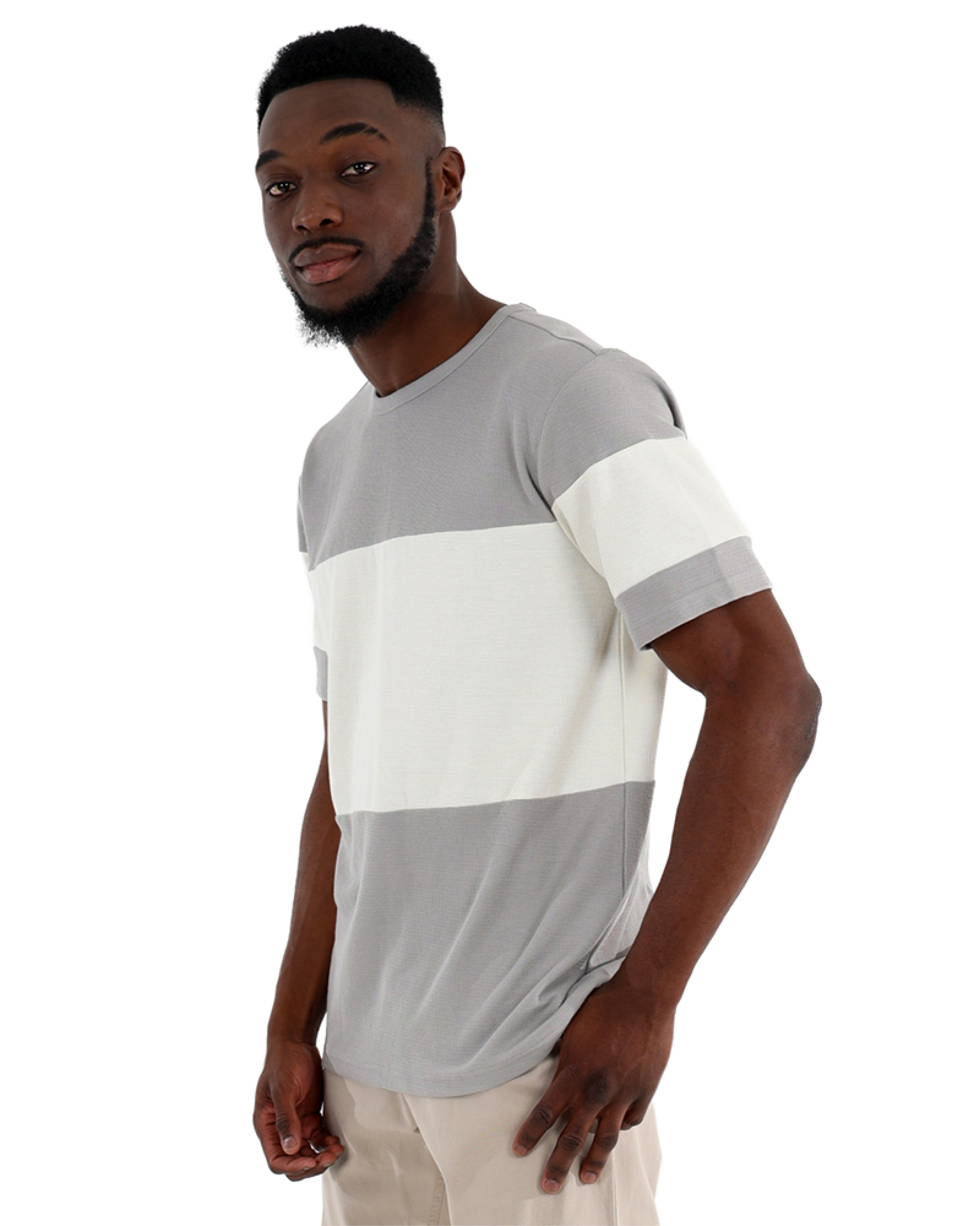 Short Sleeve Colour Block Textured Grey T-Shirt