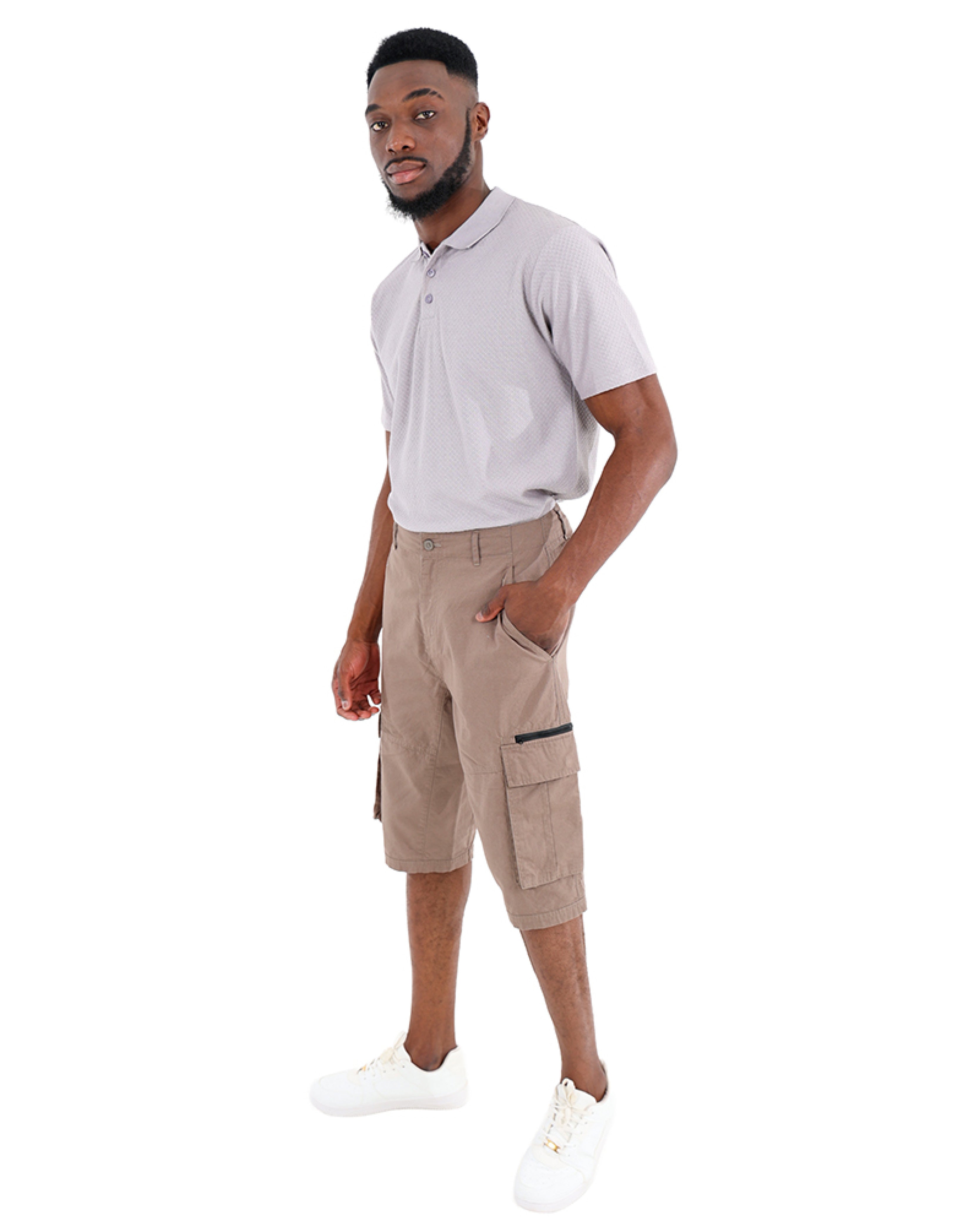 Cotton Ripstop Taupe Clamdigger Shorts With Stitching Detail