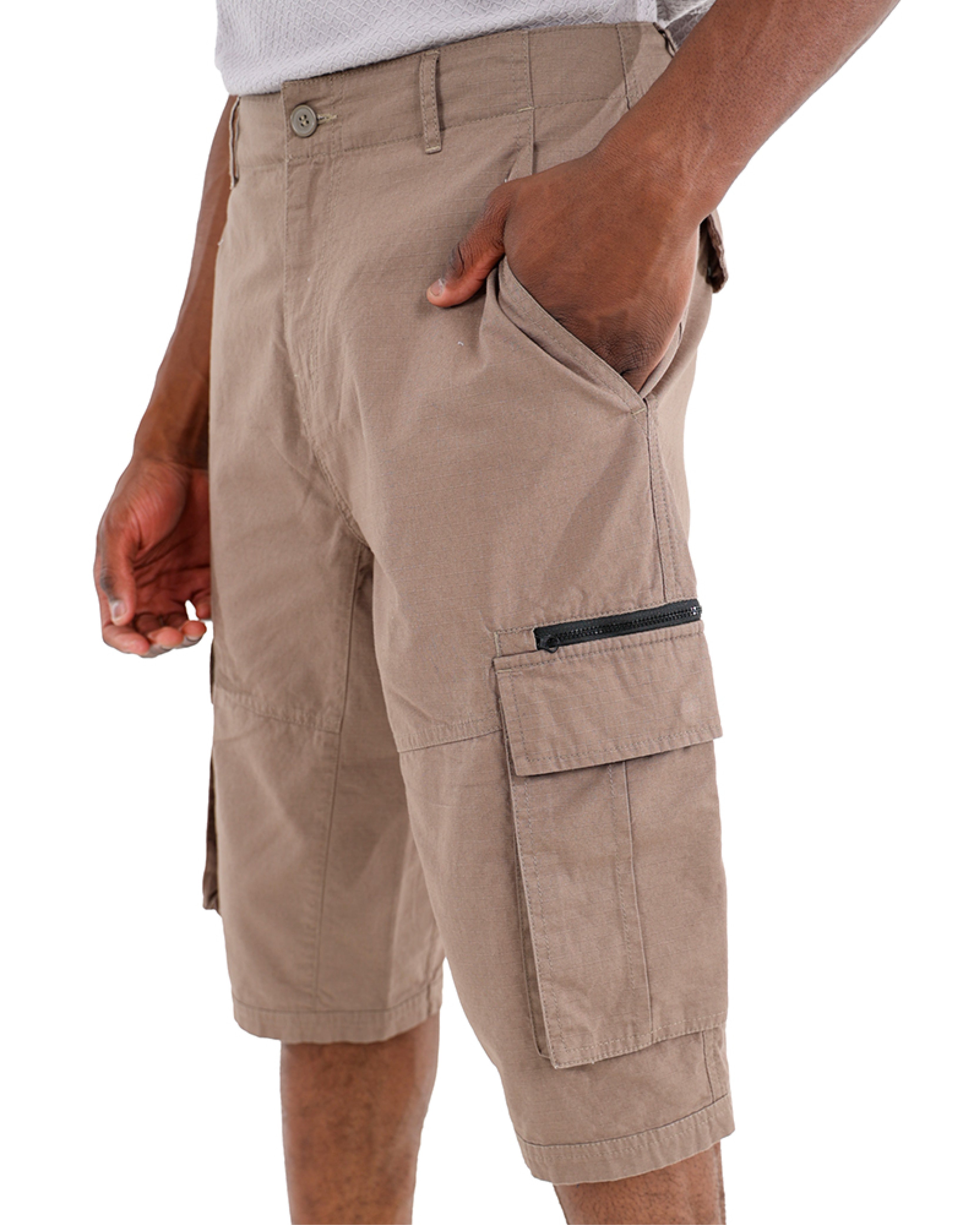 Cotton Ripstop Taupe Clamdigger Shorts With Stitching Detail
