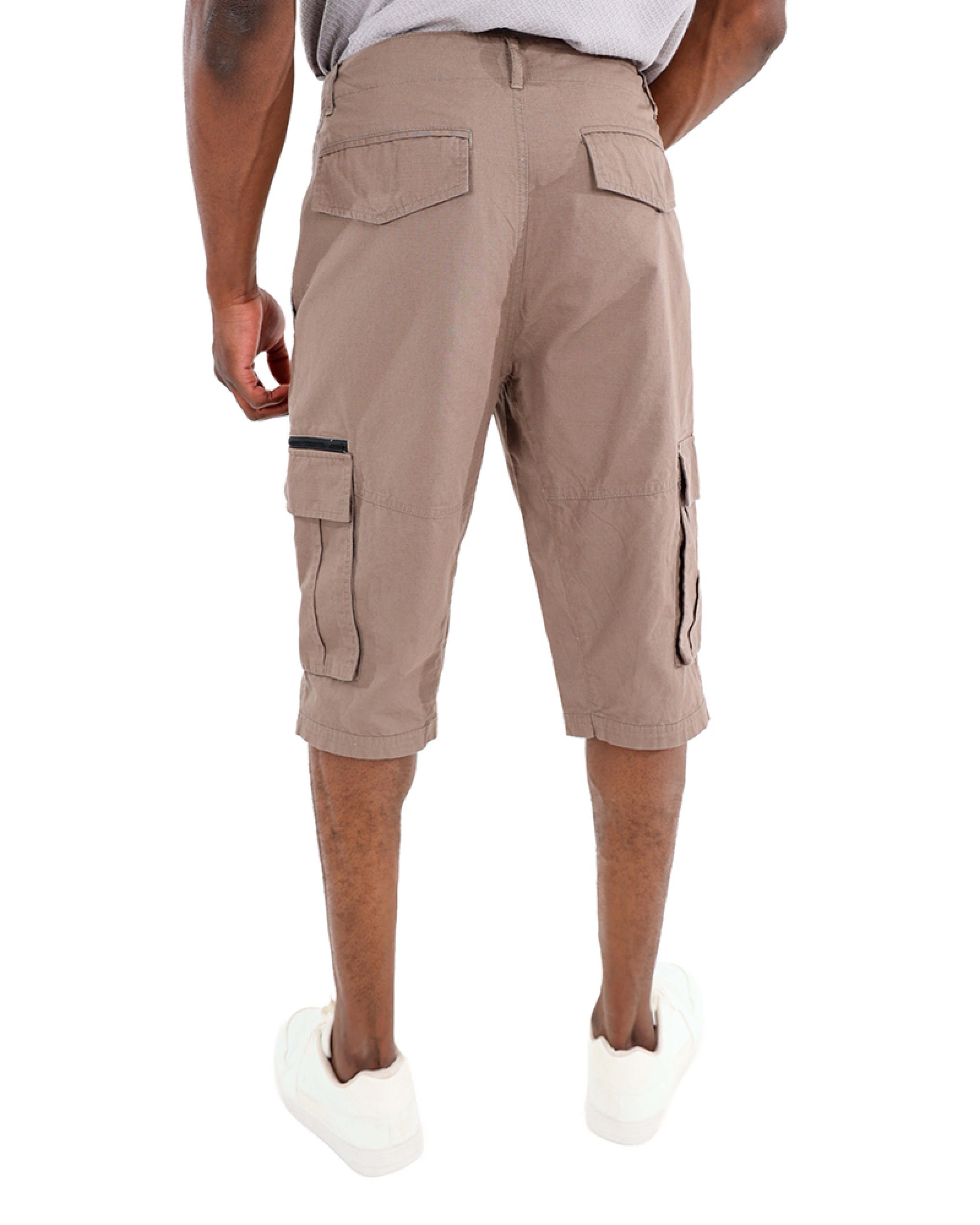 Cotton Ripstop Taupe Clamdigger Shorts With Stitching Detail