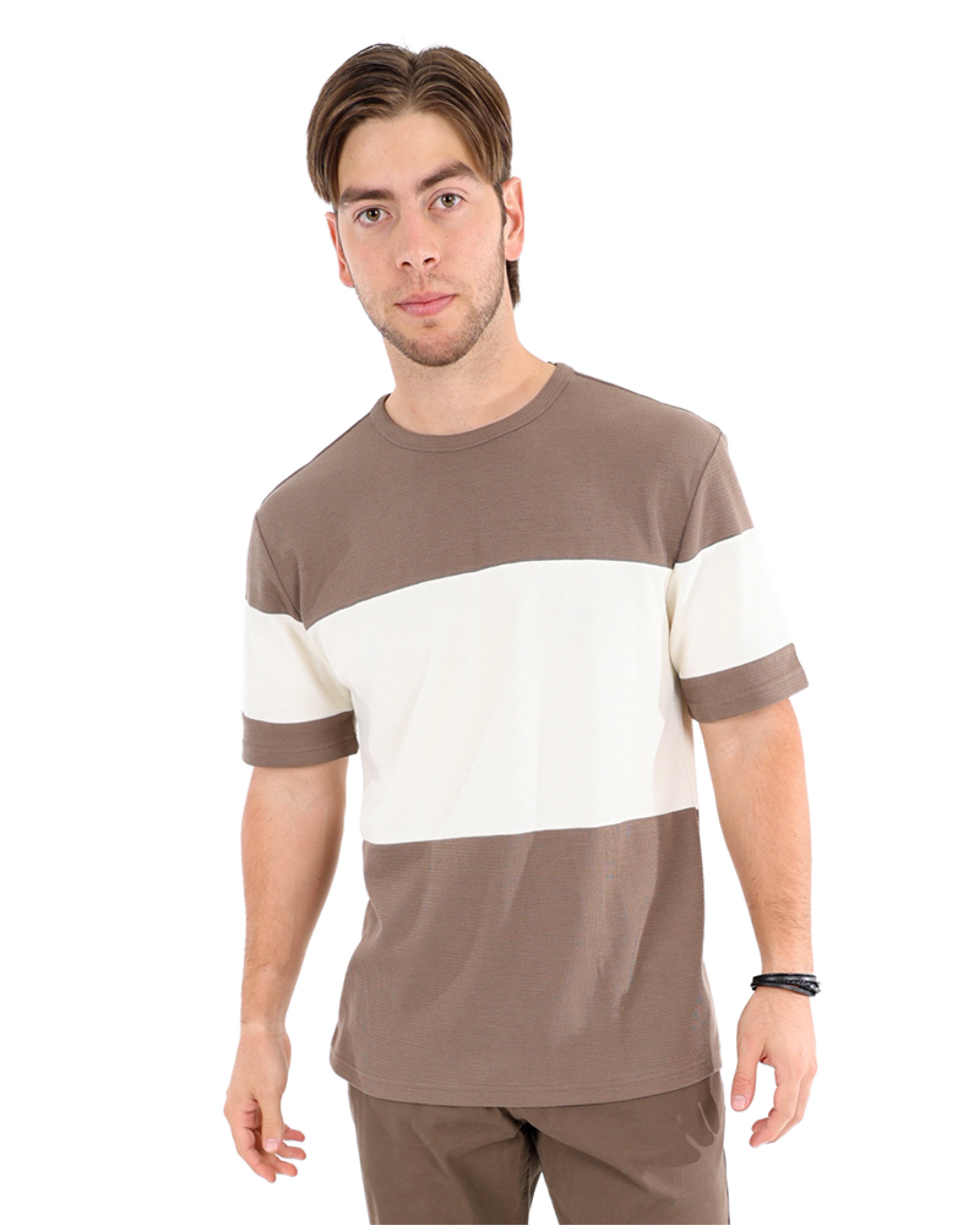 Short Sleeve Colour Block Textured Taupe T-Shirt